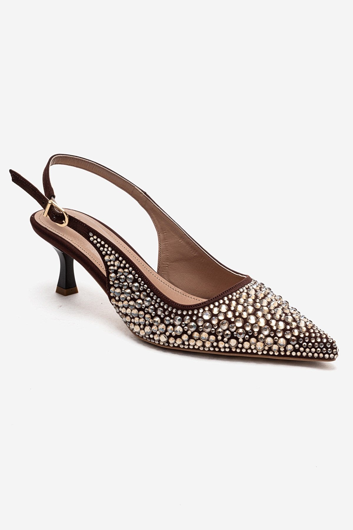 THEA - Brown Gold-Embellished Stiletto Pump – detail view showing leather, gold, Vowalisse