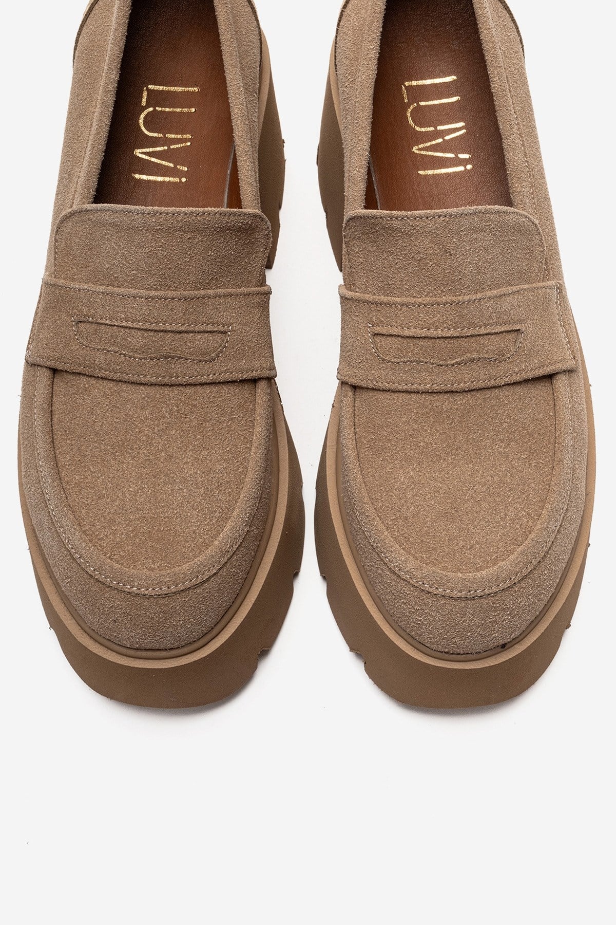 SANTIA - Camel Suede Chunky Platform Loafer – side view showing leather, suede, Vowalisse