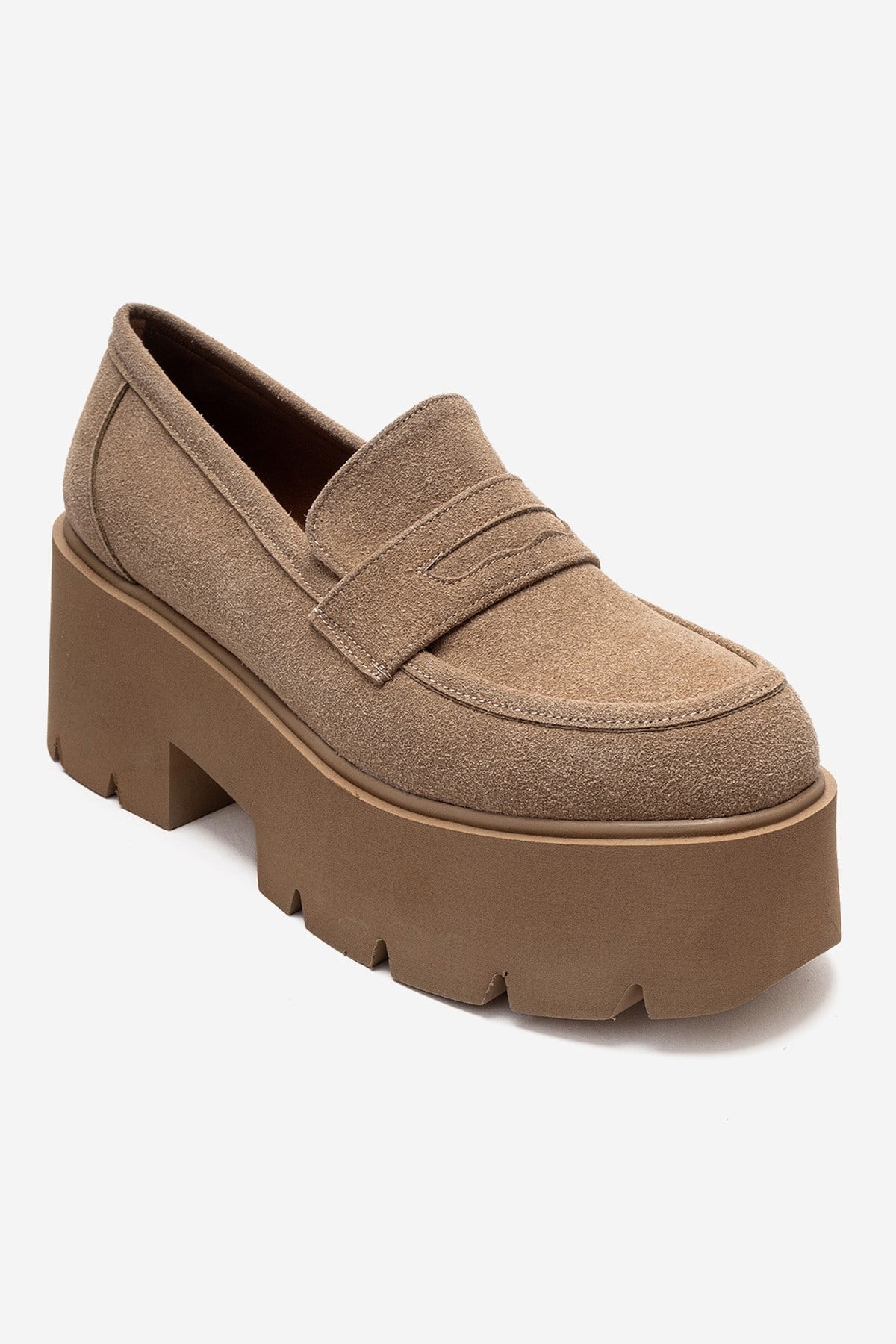 SANTIA - Camel Suede Chunky Platform Loafer – detail view showing leather, suede, Vowalisse