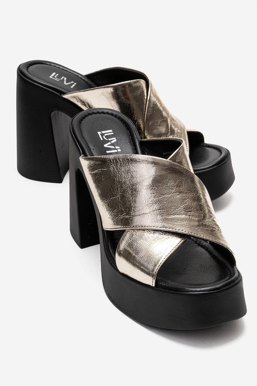 Essenza - Gold Genuine Leather Platform Block Heel Mule