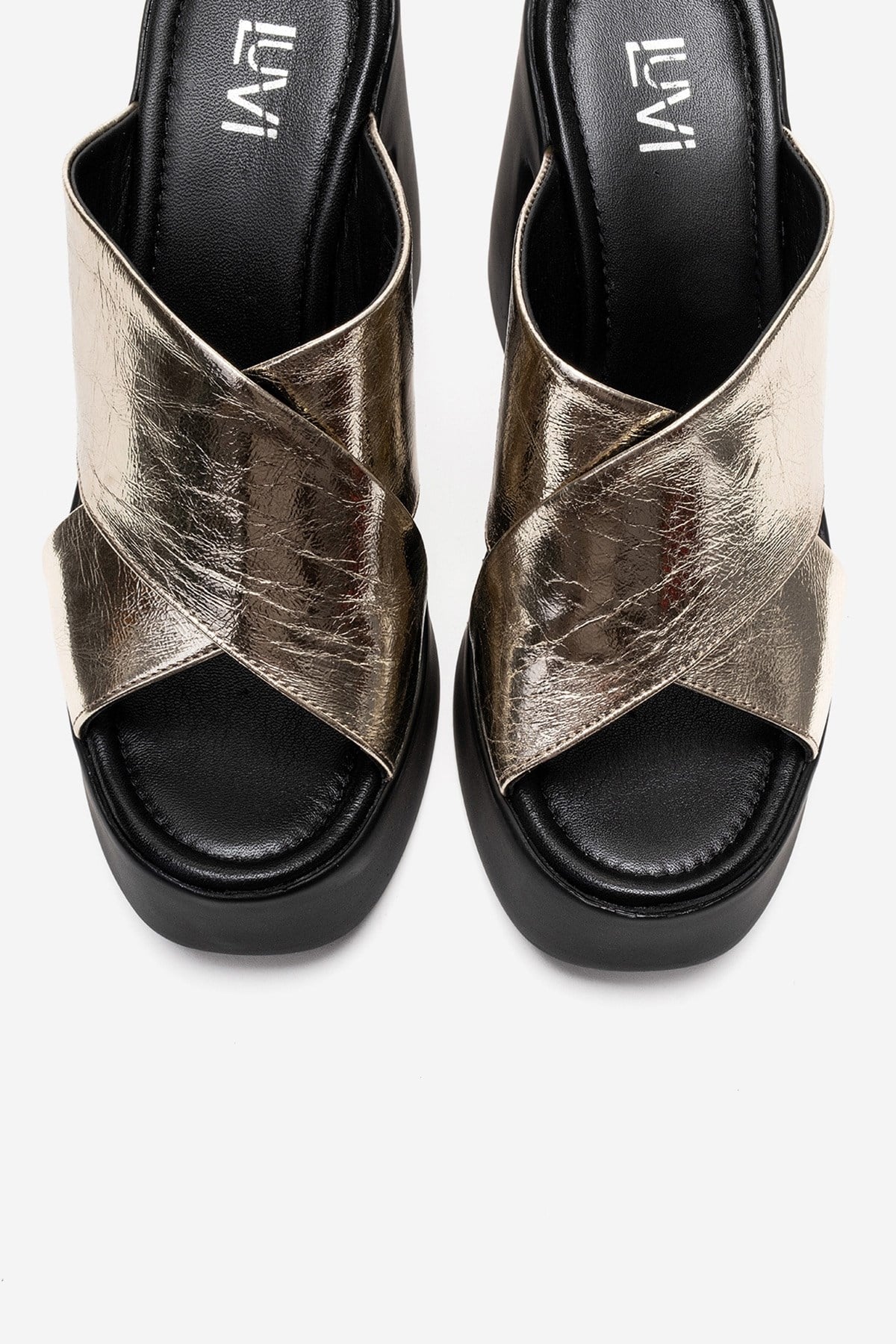 Essenza - Gold Genuine Leather Platform Block Heel Mule – side view showing leather, metallic, gold, Vowalisse
