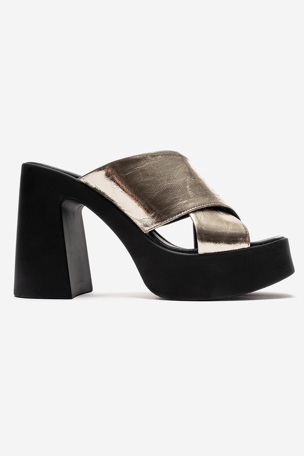 Essenza - Gold Genuine Leather Platform Block Heel Mule – heel view showing leather, metallic, gold, Vowalisse