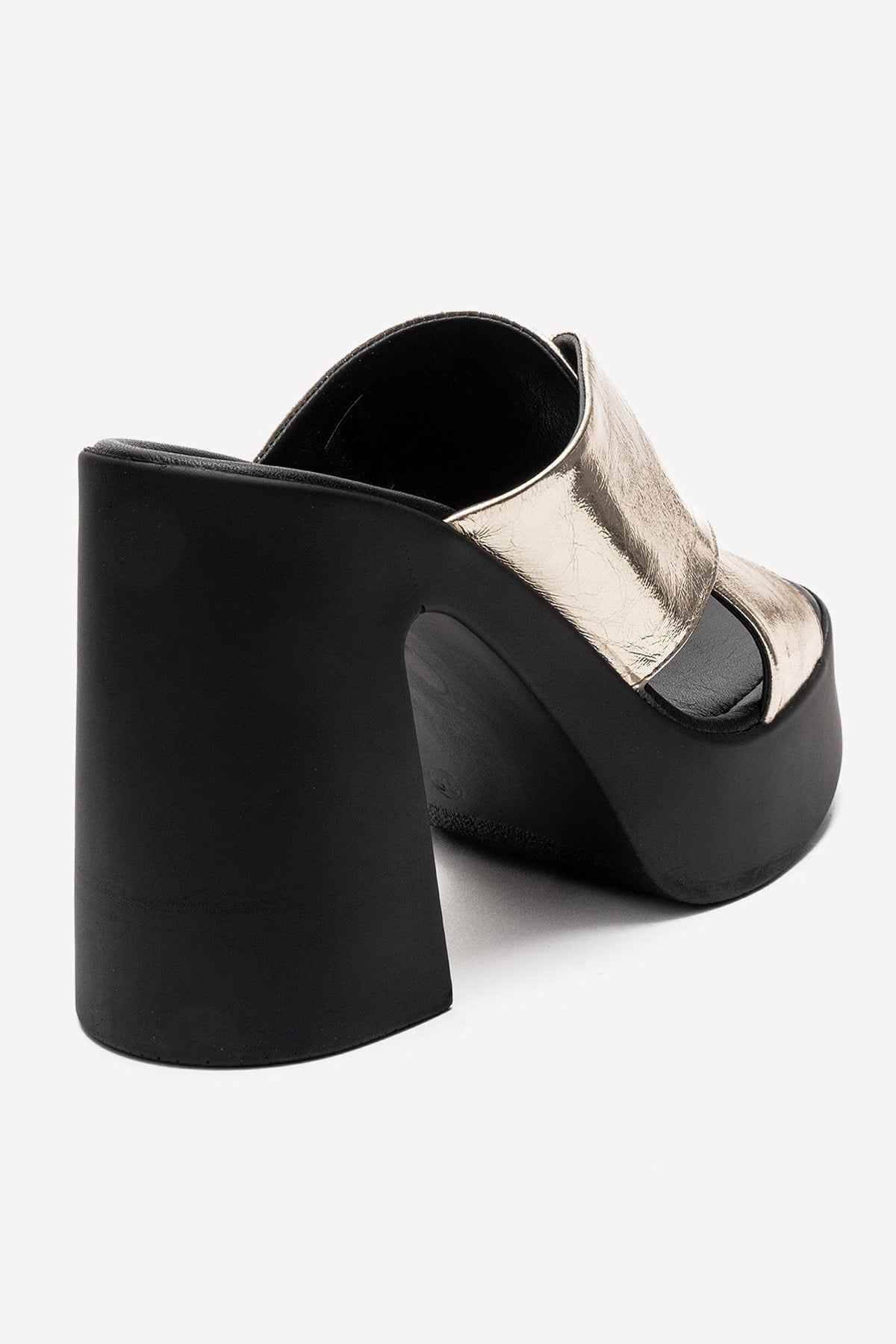 Essenza - Gold Genuine Leather Platform Block Heel Mule – back view showing leather, metallic, gold, Vowalisse