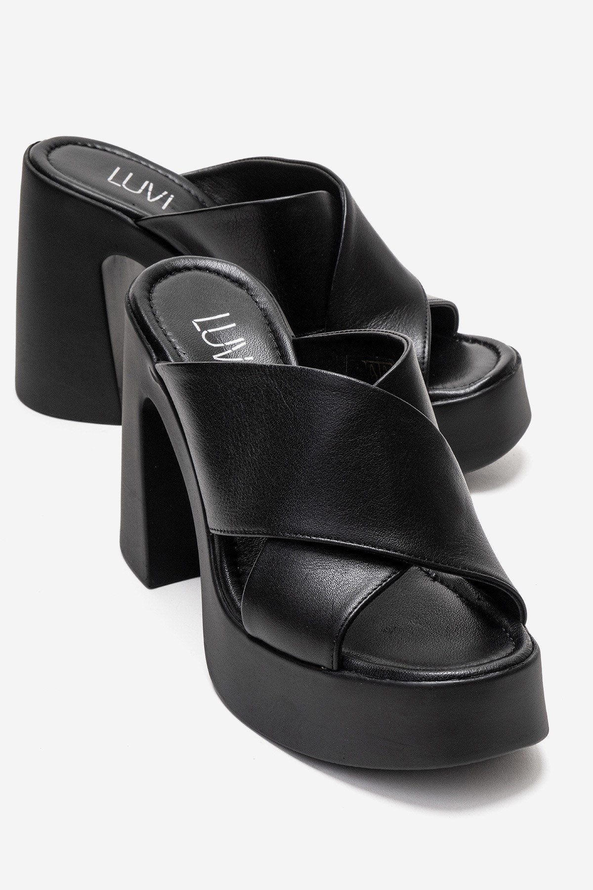Essenza - Black Genuine Leather Platform Block Heel Mule – front three-quarter view showing leather, black, Vowalisse