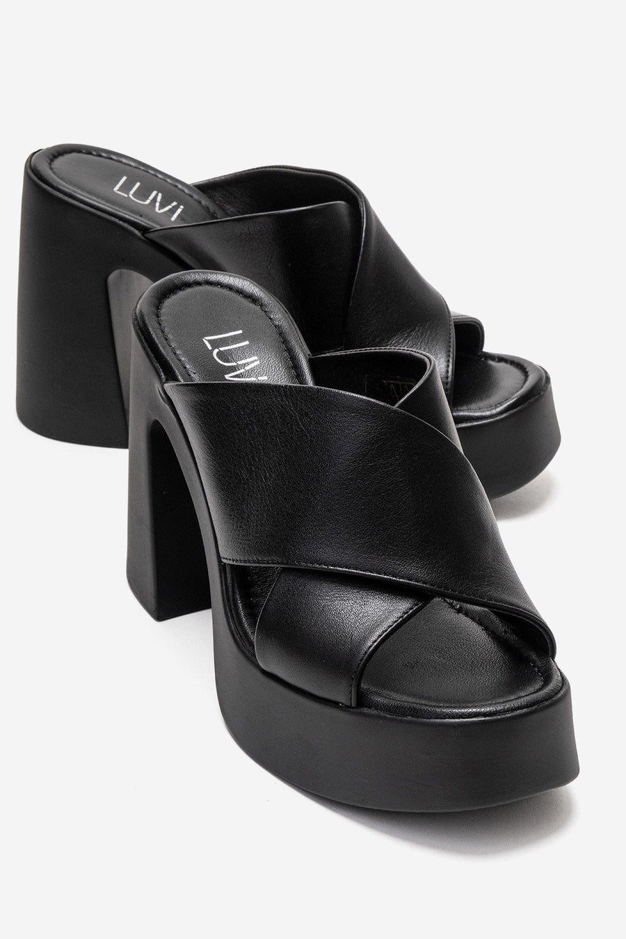 Essenza - Black Genuine Leather Platform Block Heel Mule