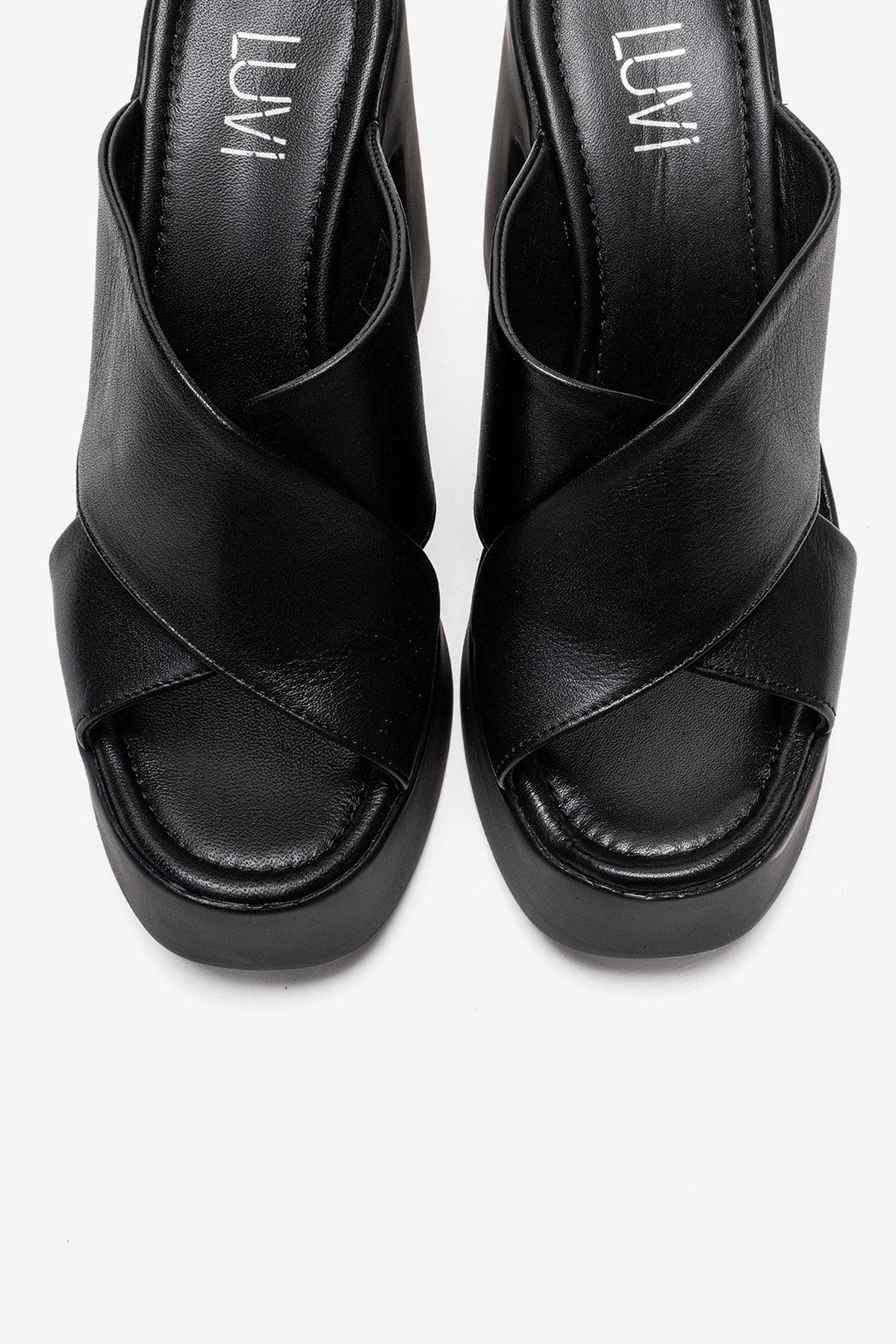 Essenza - Black Genuine Leather Platform Block Heel Mule – side view showing leather, black, Vowalisse