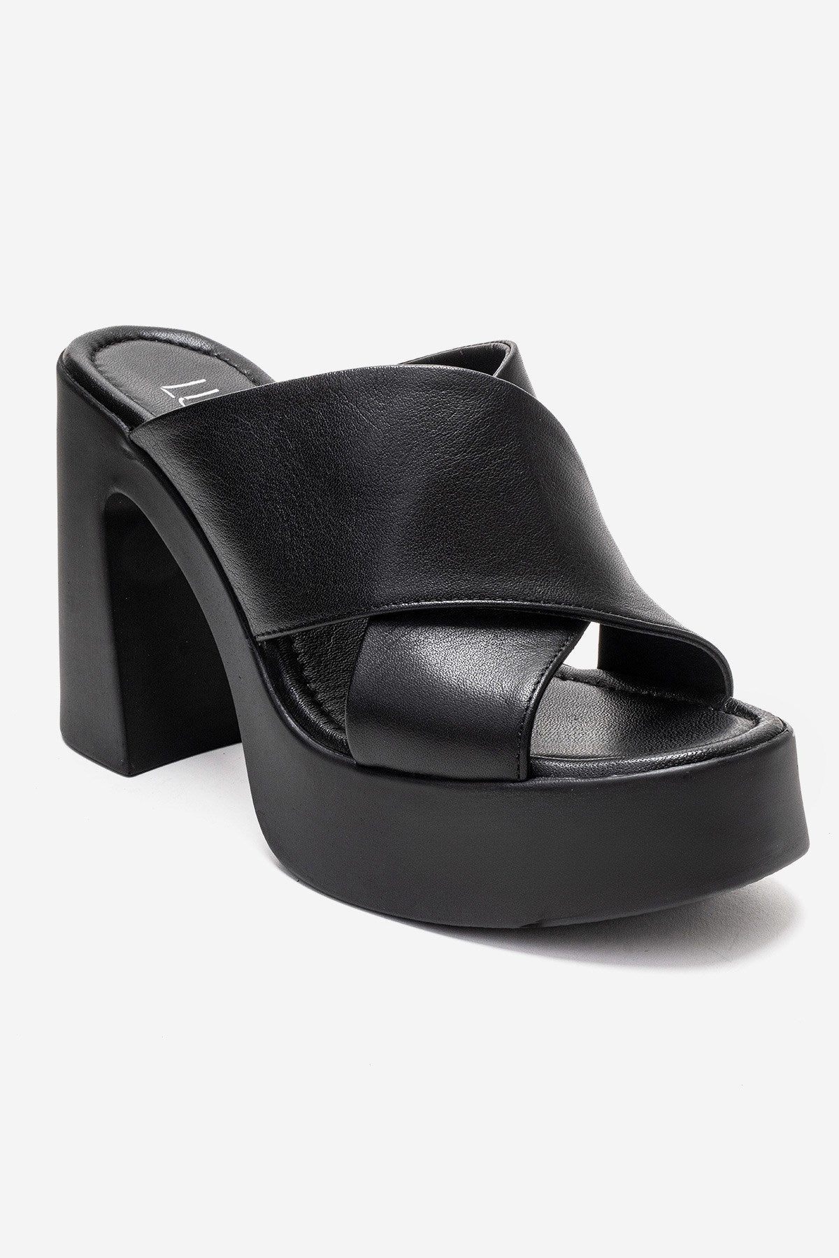 Essenza - Black Genuine Leather Platform Block Heel Mule – detail view showing leather, black, Vowalisse