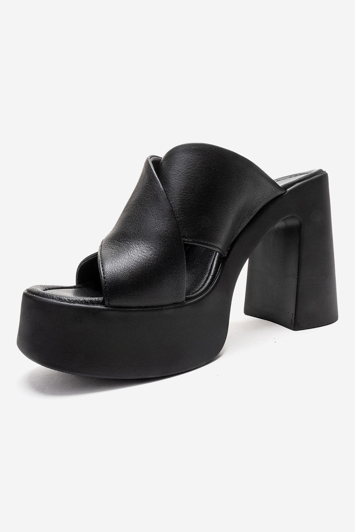 Essenza - Black Genuine Leather Platform Block Heel Mule – top view showing leather, black, Vowalisse
