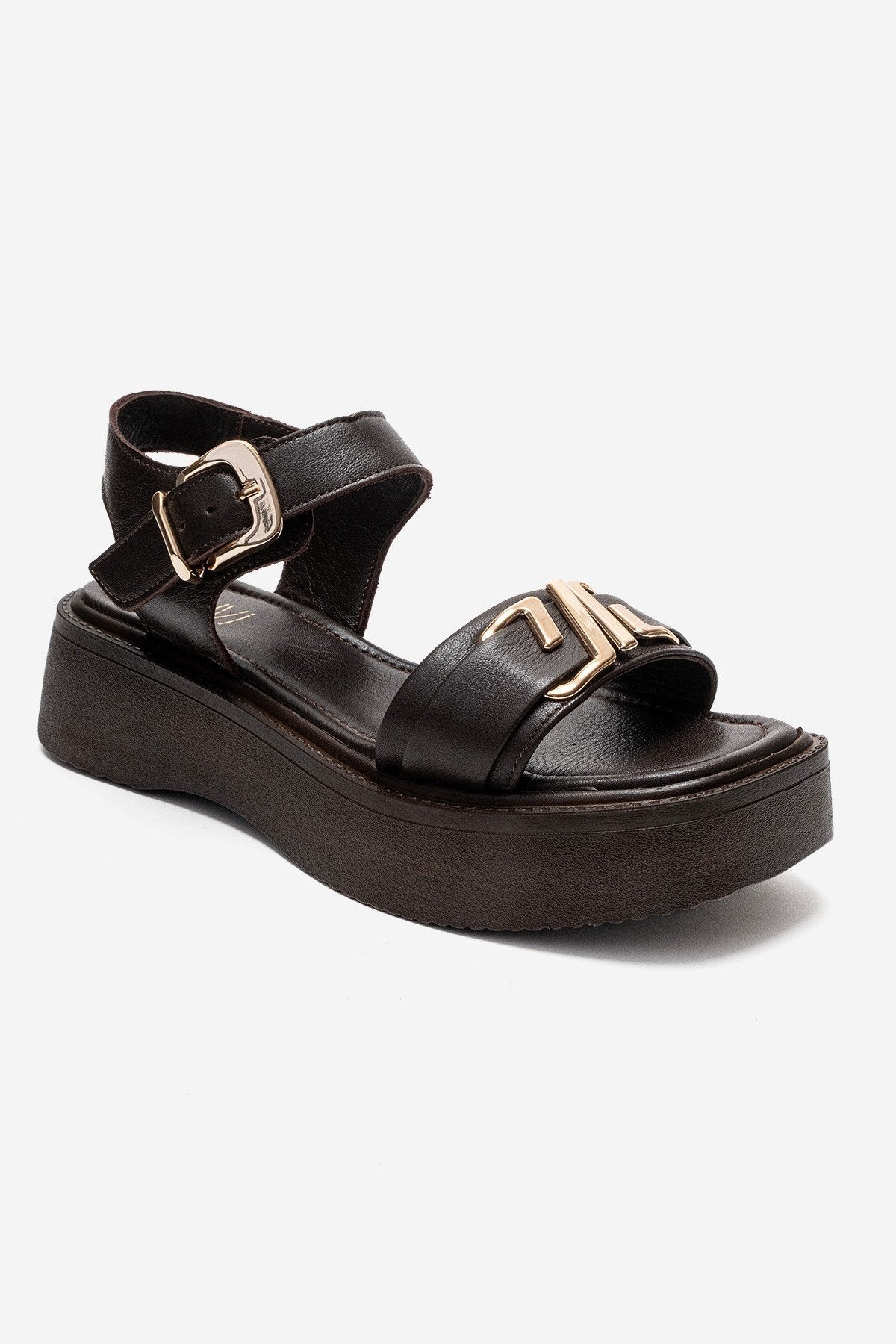 Lone - Brown Genuine Leather Platform Sandal – detail view showing leather, Vowalisse