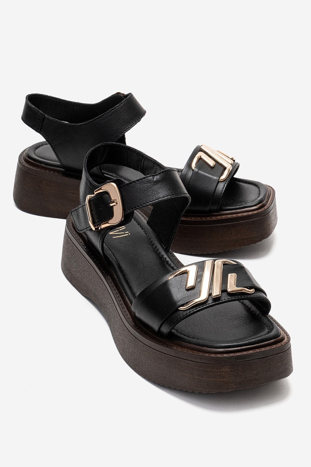 Lone - Black Genuine Leather Platform Sandal – front three-quarter view showing leather, black, Vowalisse