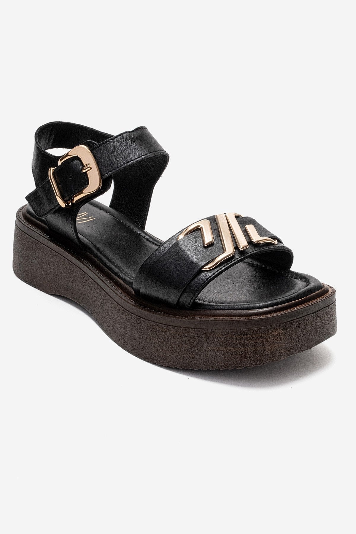Lone - Black Genuine Leather Platform Sandal – detail view showing leather, black, Vowalisse