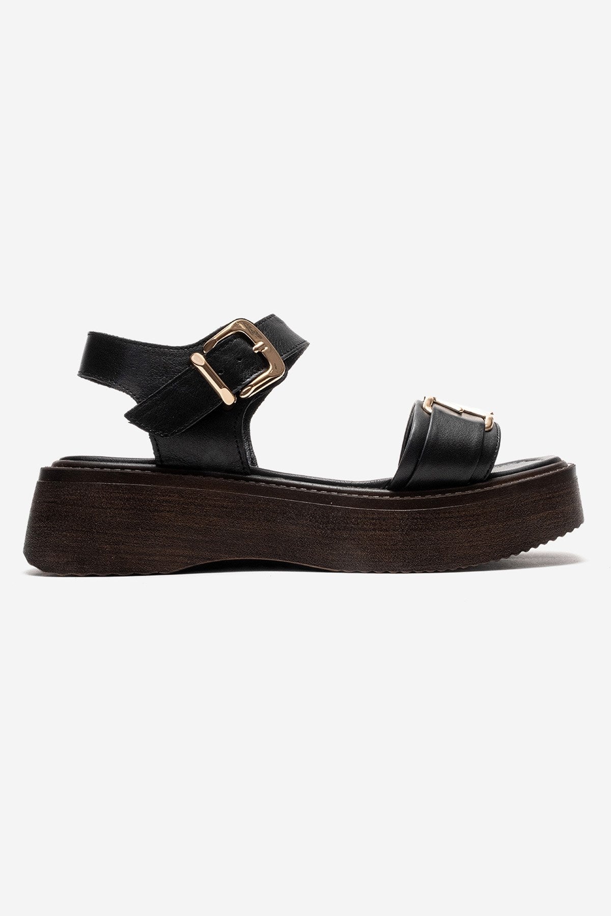 Lone - Black Genuine Leather Platform Sandal – heel view showing leather, black, Vowalisse