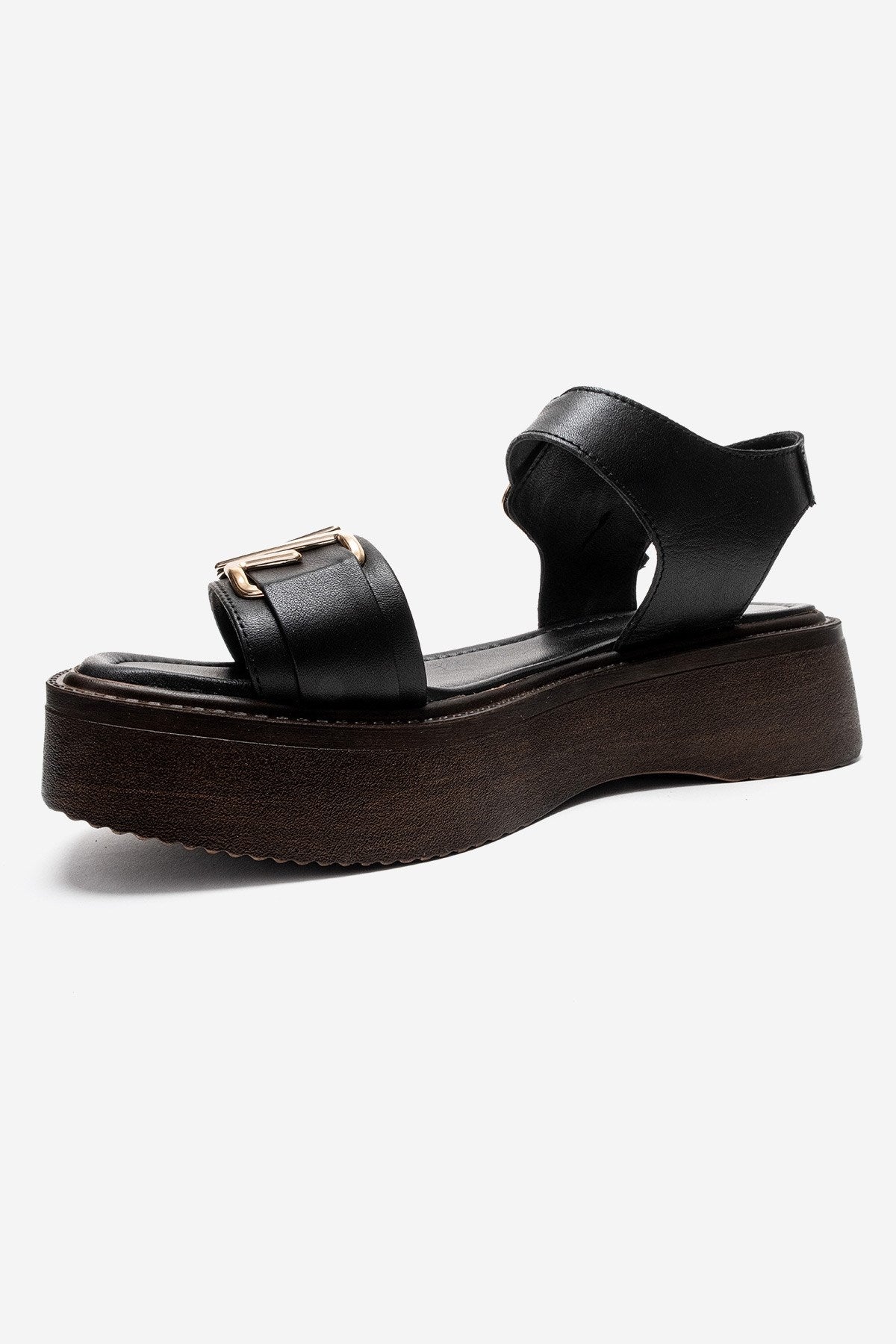 Lone - Black Genuine Leather Platform Sandal – top view showing leather, black, Vowalisse