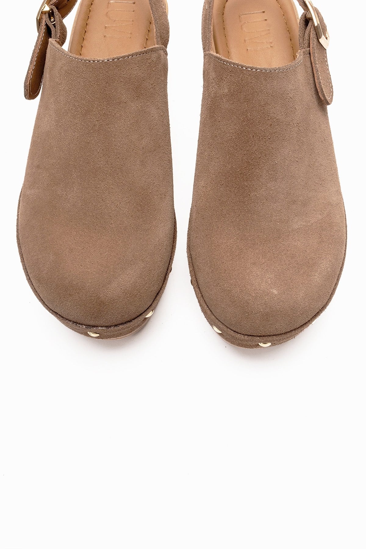 NORDEN - Camel Genuine Leather Platform Heel Sandal – side view showing leather, suede, Vowalisse
