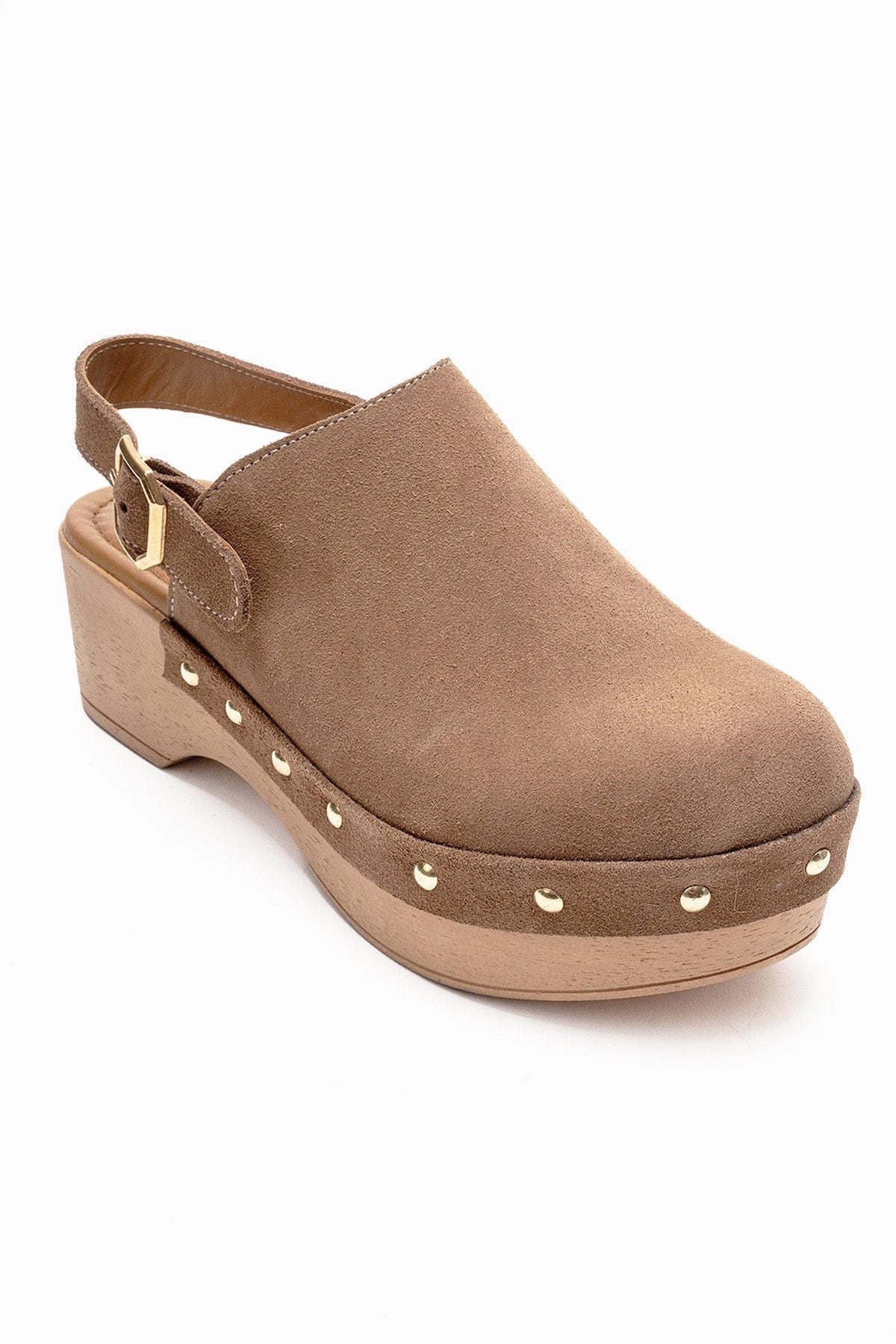NORDEN - Camel Genuine Leather Platform Heel Sandal – detail view showing leather, suede, Vowalisse