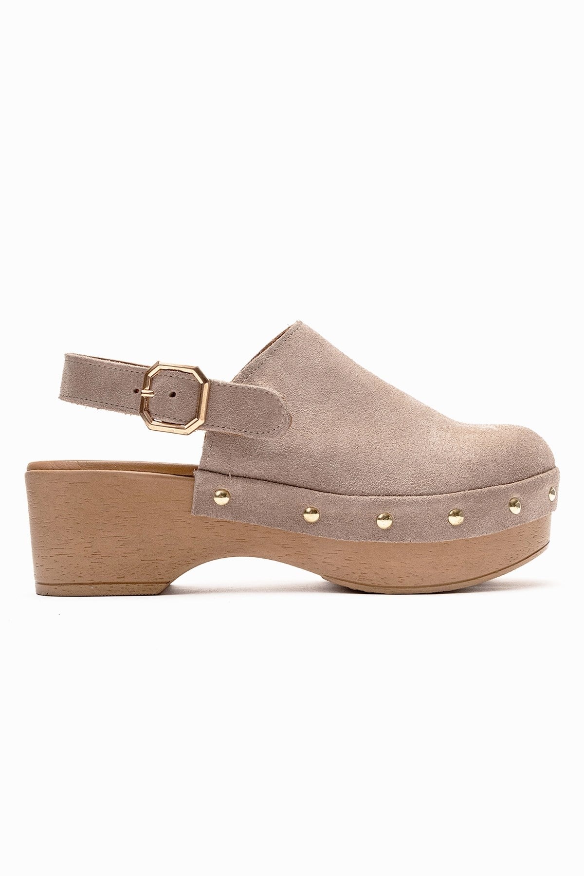 NORDEN - Beige Genuine Leather Platform Heel Sandal – heel view showing leather, suede, Vowalisse