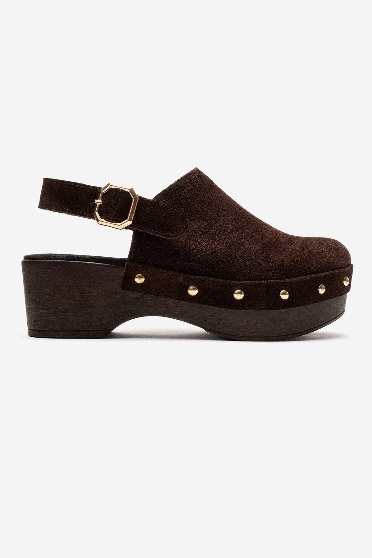 NORDEN - Brown Genuine Leather Platform Heel Sandal – heel view showing leather, suede, Vowalisse