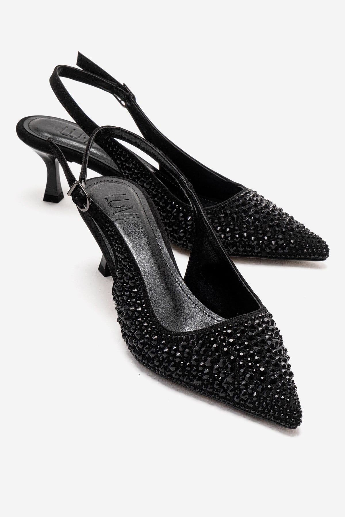 THEA - Black Jeweled Kitten Heel Pump – front three-quarter view showing leather, black, Vowalisse