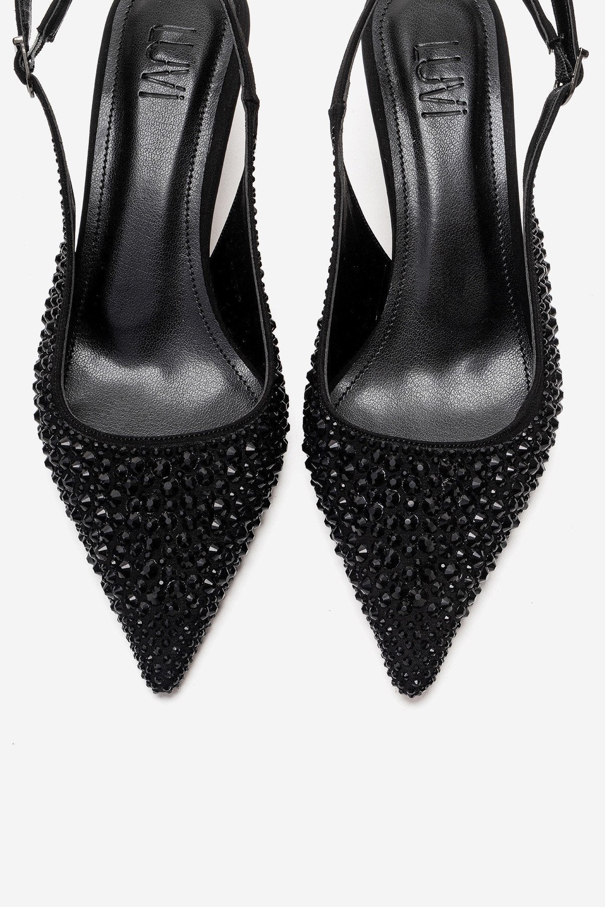 THEA - Black Jeweled Kitten Heel Pump – side view showing leather, black, Vowalisse