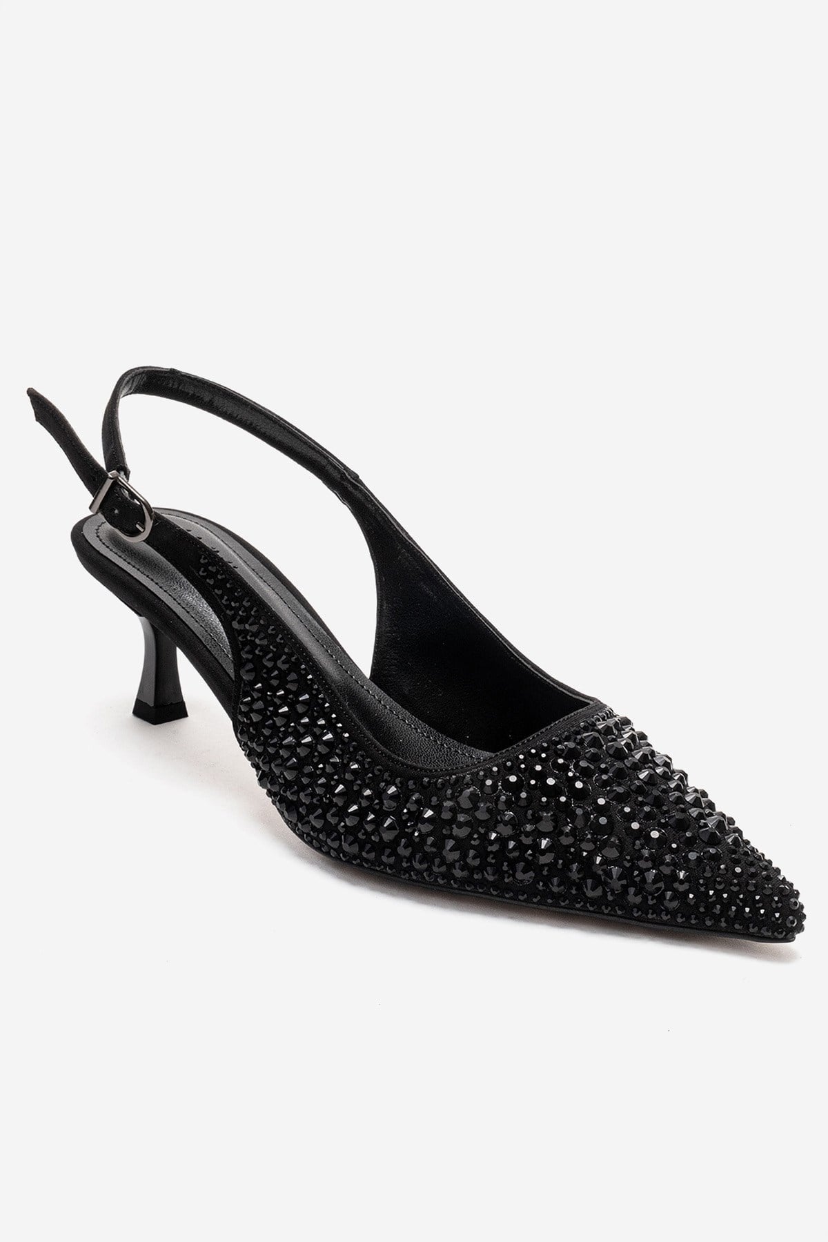 THEA - Black Jeweled Kitten Heel Pump – detail view showing leather, black, Vowalisse