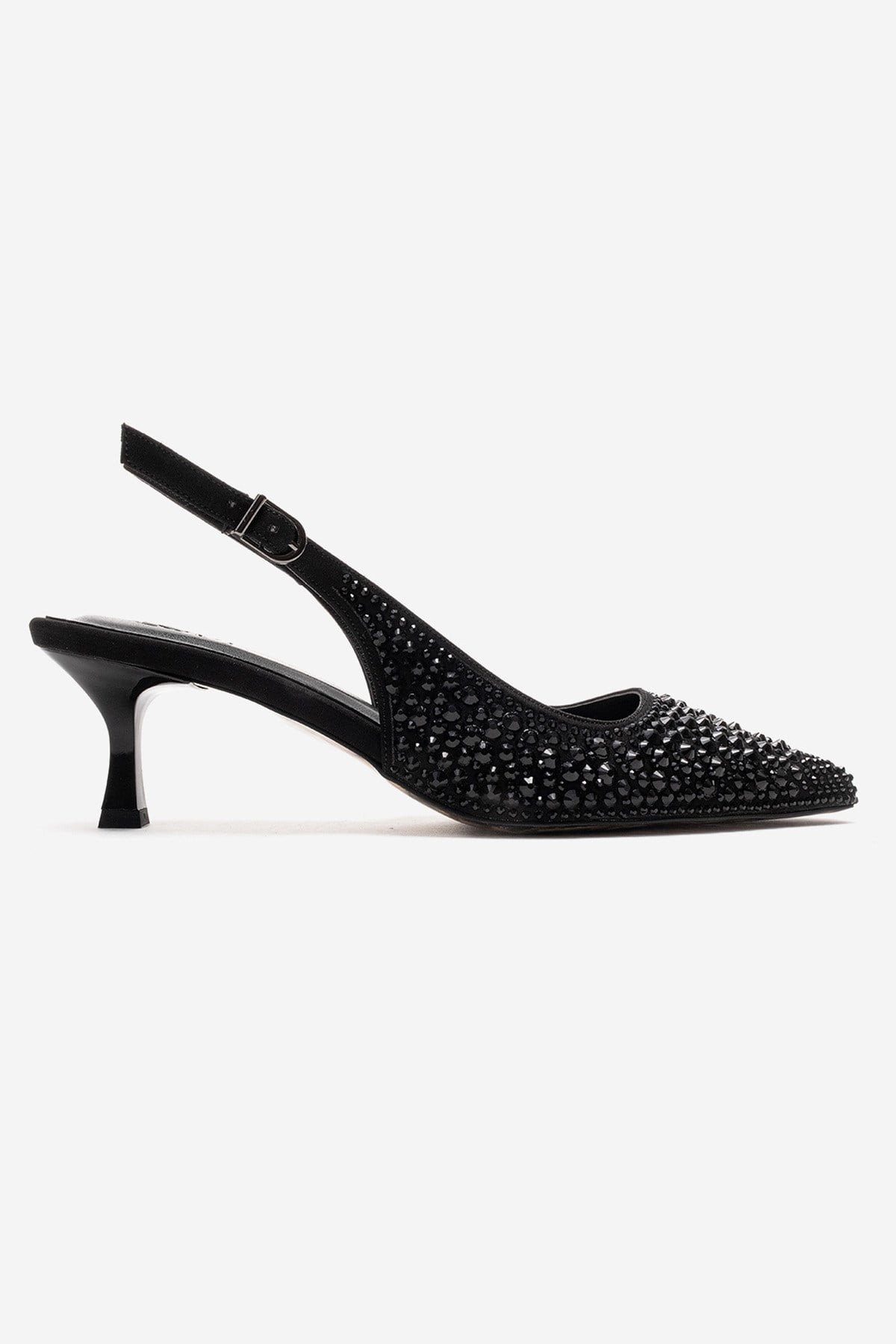 THEA - Black Jeweled Kitten Heel Pump – heel view showing leather, black, Vowalisse