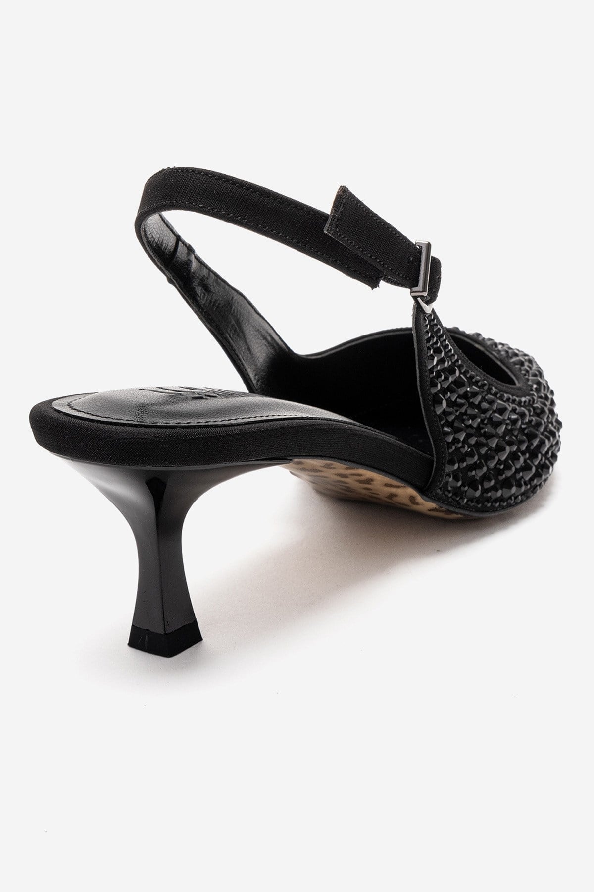 THEA - Black Jeweled Kitten Heel Pump – back view showing leather, black, Vowalisse