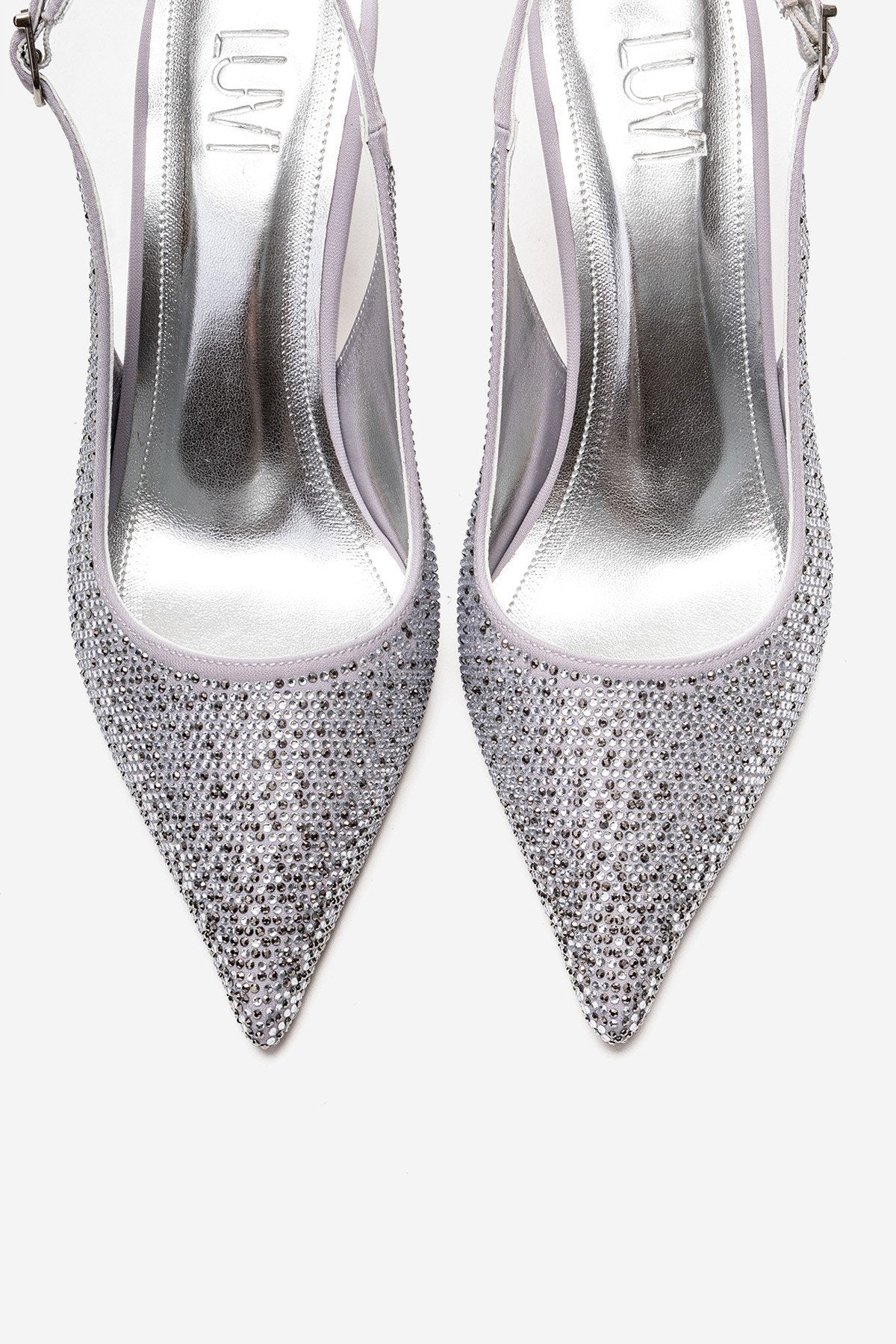 JOHANNA - Silver Jeweled Slingback Stiletto Pump – side view showing leather, silver, Vowalisse