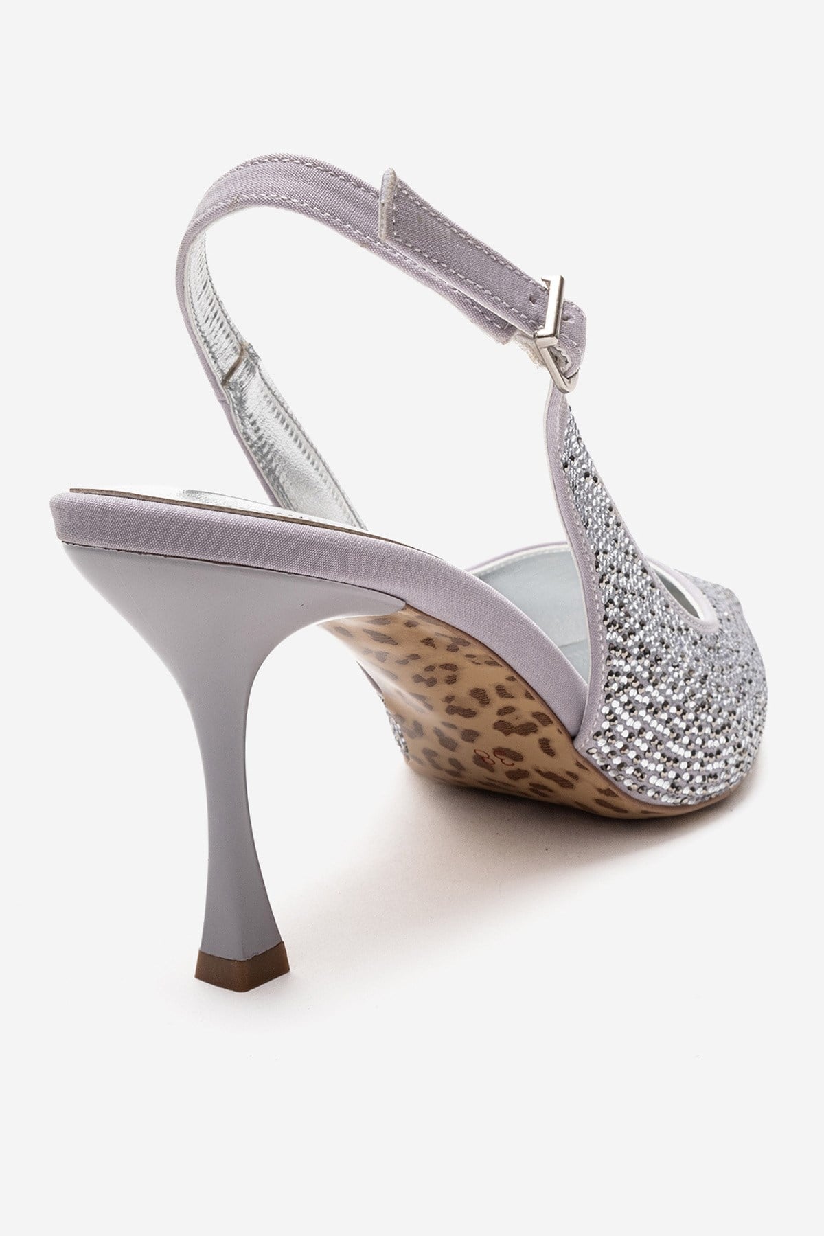 JOHANNA - Silver Jeweled Slingback Stiletto Pump – back view showing leather, silver, Vowalisse