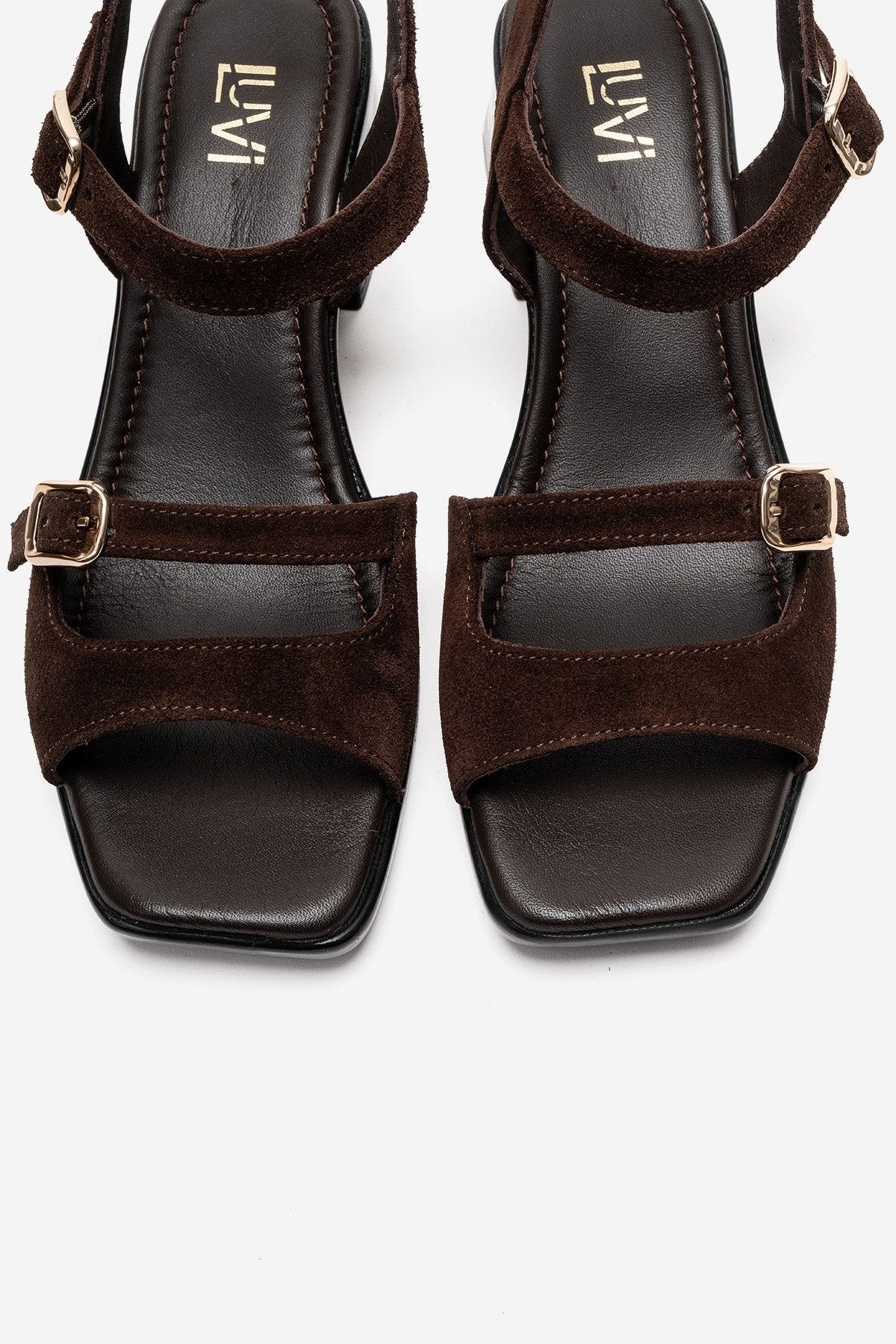 YOLEN - Brown Genuine Leather Block Heel Sandal – side view showing leather, suede, Vowalisse