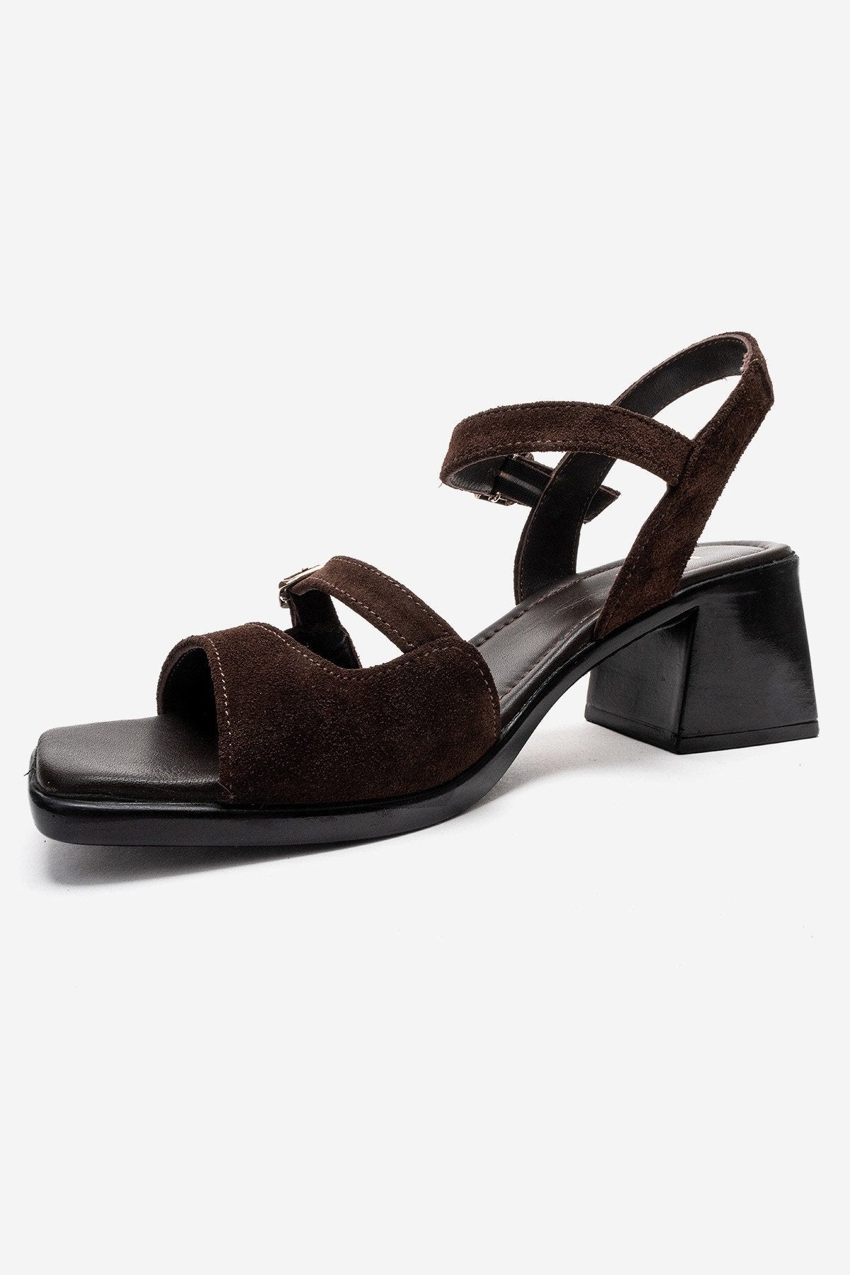YOLEN - Brown Genuine Leather Block Heel Sandal – top view showing leather, suede, Vowalisse