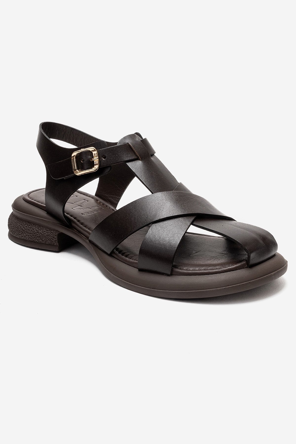 GUIDO - Brown Genuine Leather Sandal – detail view showing leather, Vowalisse