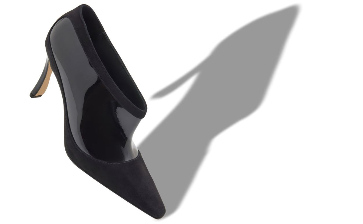 Alessia Shine Black Almond Toe Shoe Boots – front three-quarter view showing black almond toe, suede, patent leather…