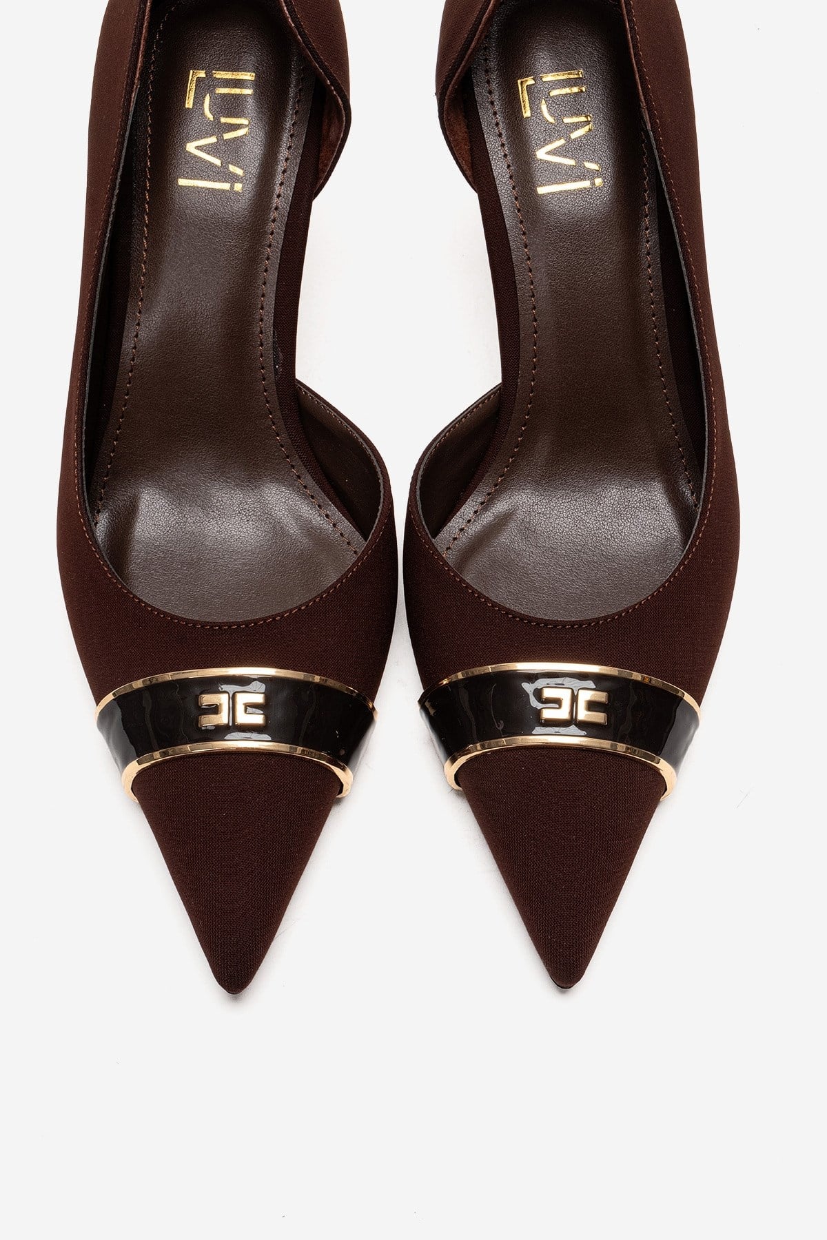Kendra - Genuine Leather Brown Stiletto Heel – side view showing leather, metallic, Vowalisse