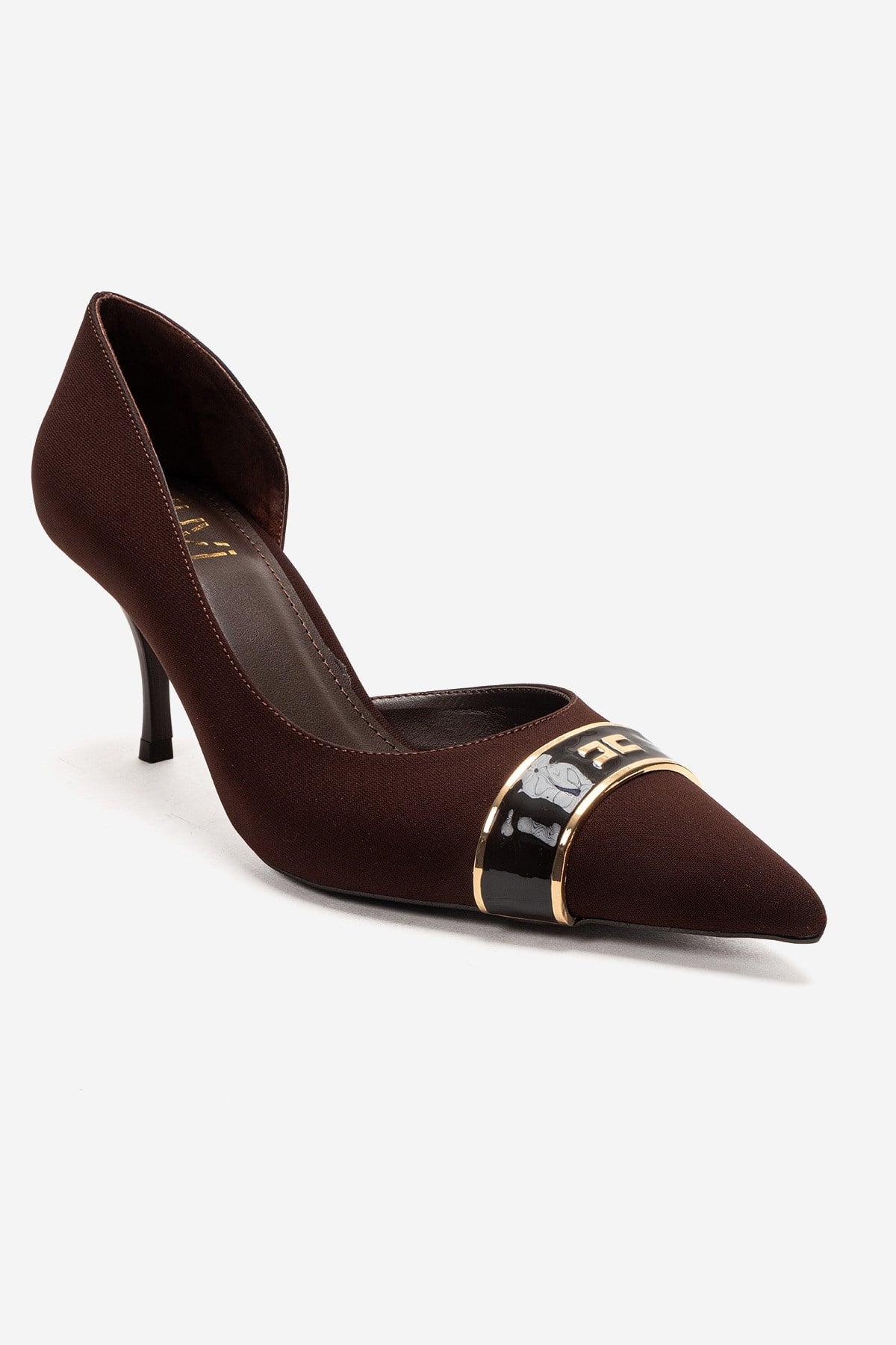 Kendra - Genuine Leather Brown Stiletto Heel – detail view showing leather, metallic, Vowalisse