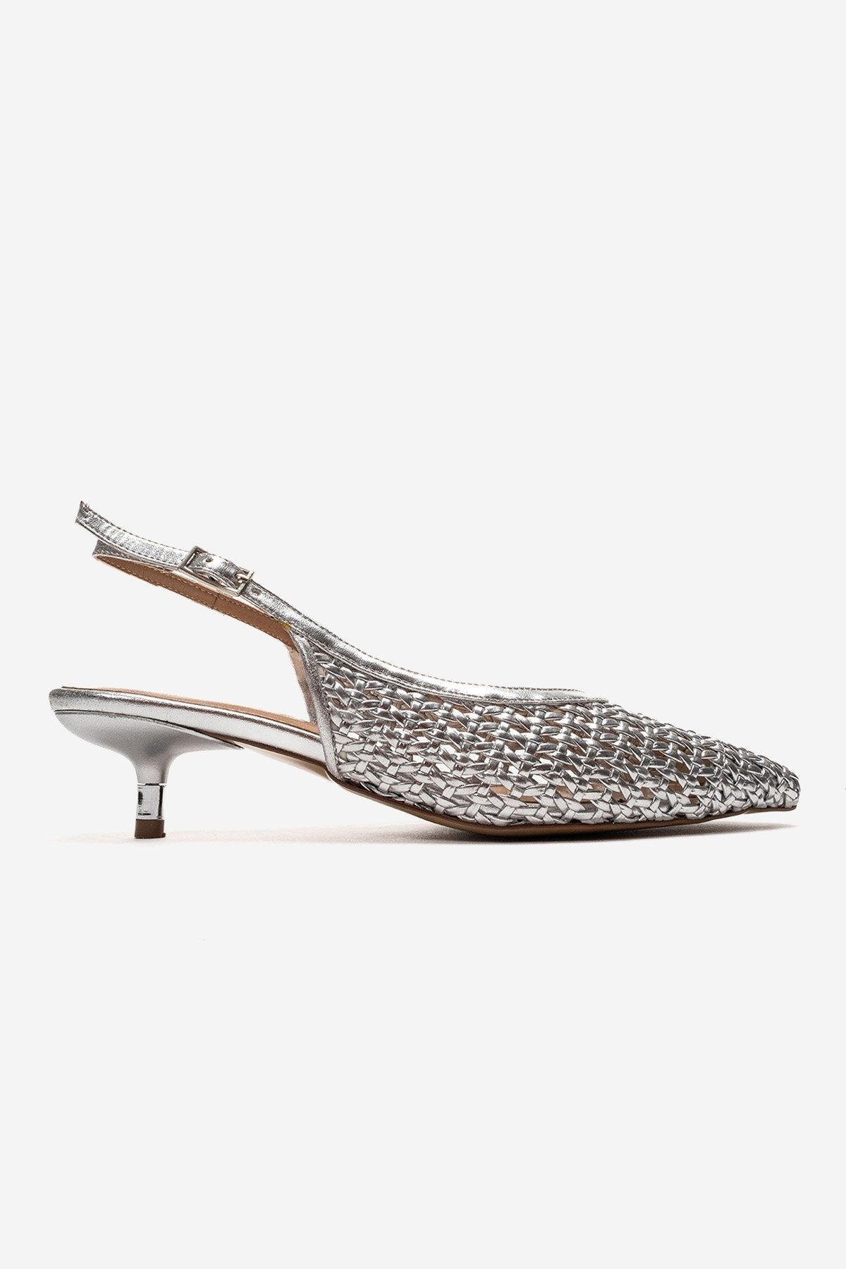 Orelis - Genuine Leather Silver Kitten Heel – heel view showing leather, silver, Vowalisse
