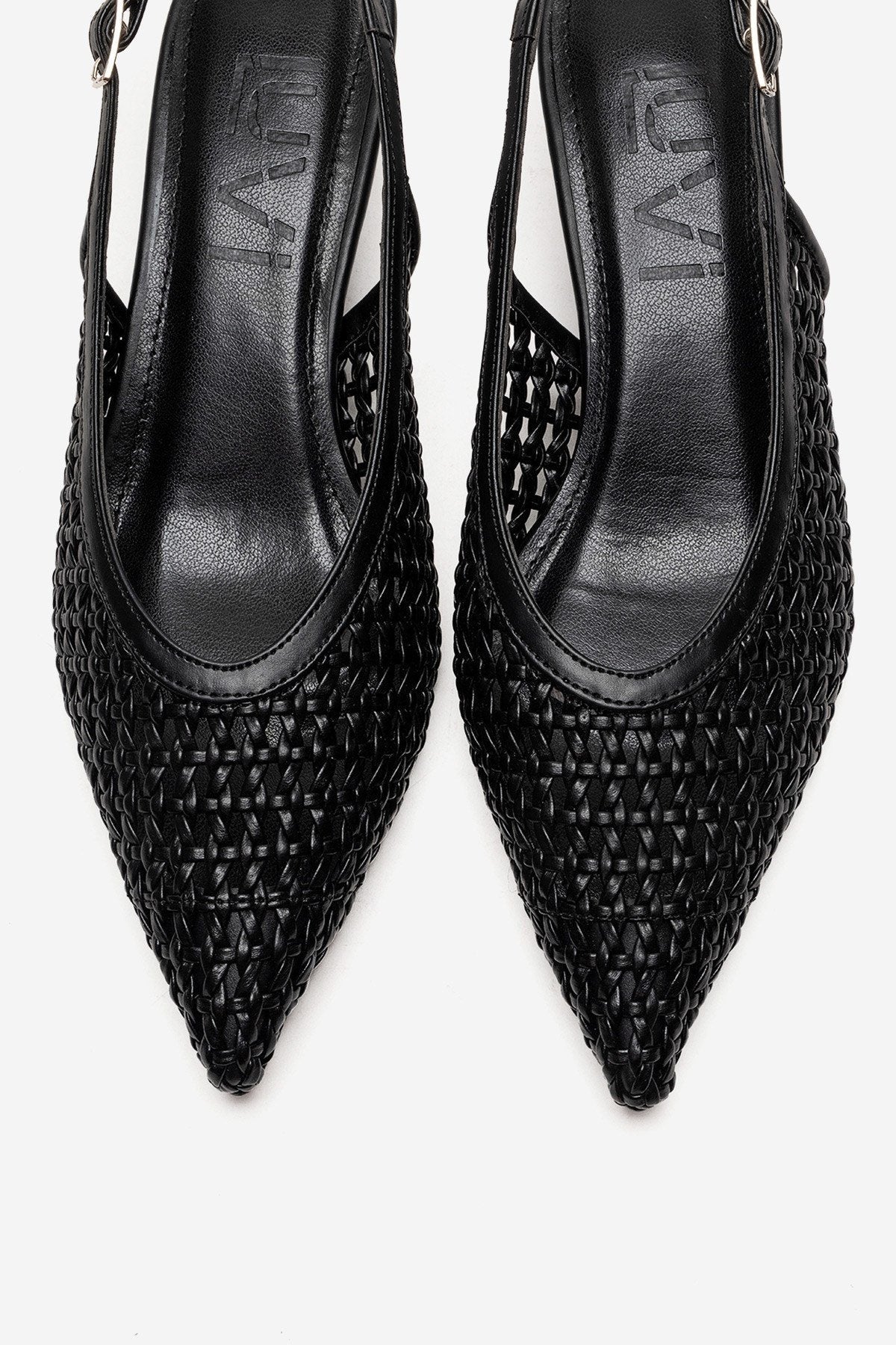 ORELIS - Black Woven Pattern Kitten Heel Shoe – side view showing leather, black, red, Vowalisse