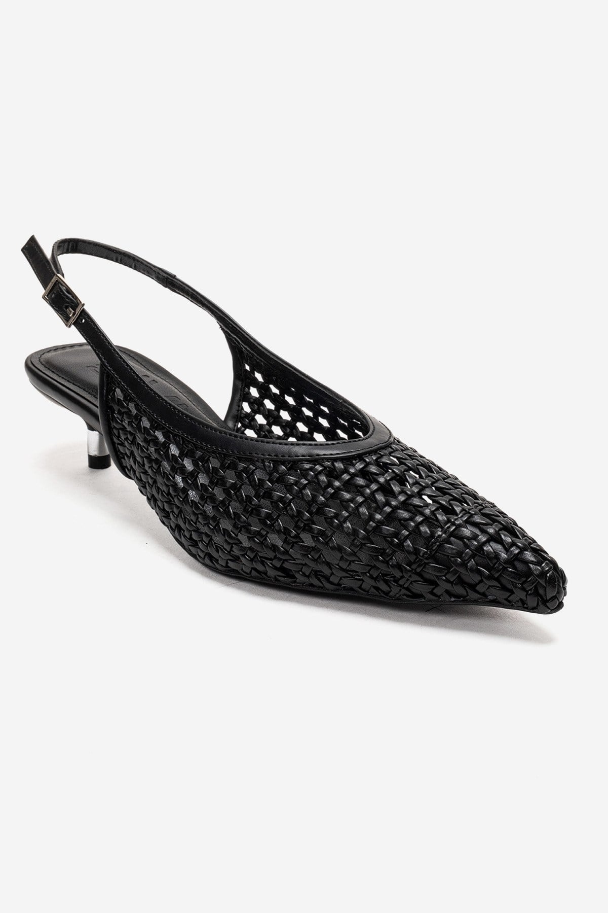 ORELIS - Black Woven Pattern Kitten Heel Shoe – detail view showing leather, black, red, Vowalisse