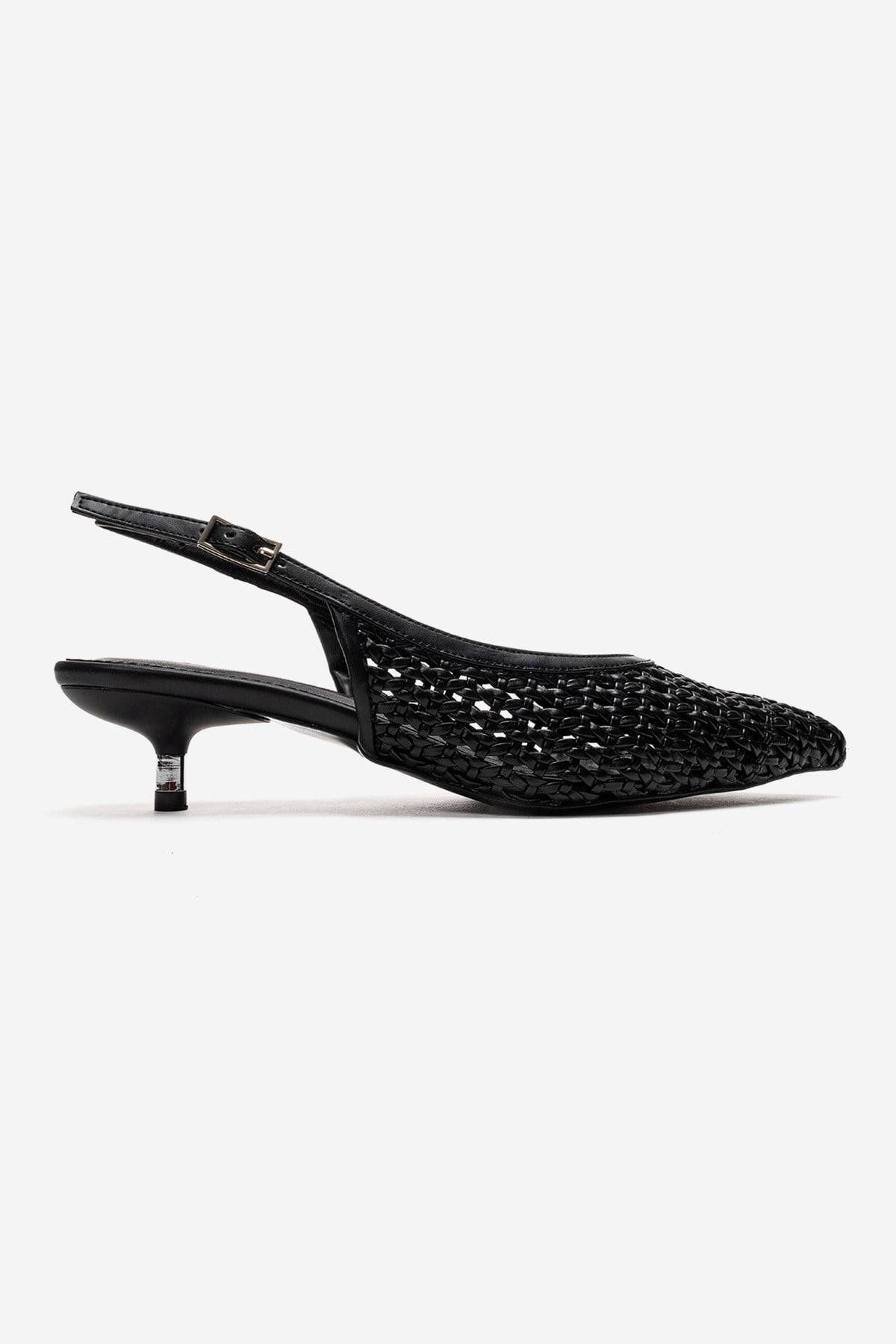 ORELIS - Black Woven Pattern Kitten Heel Shoe – heel view showing leather, black, red, Vowalisse