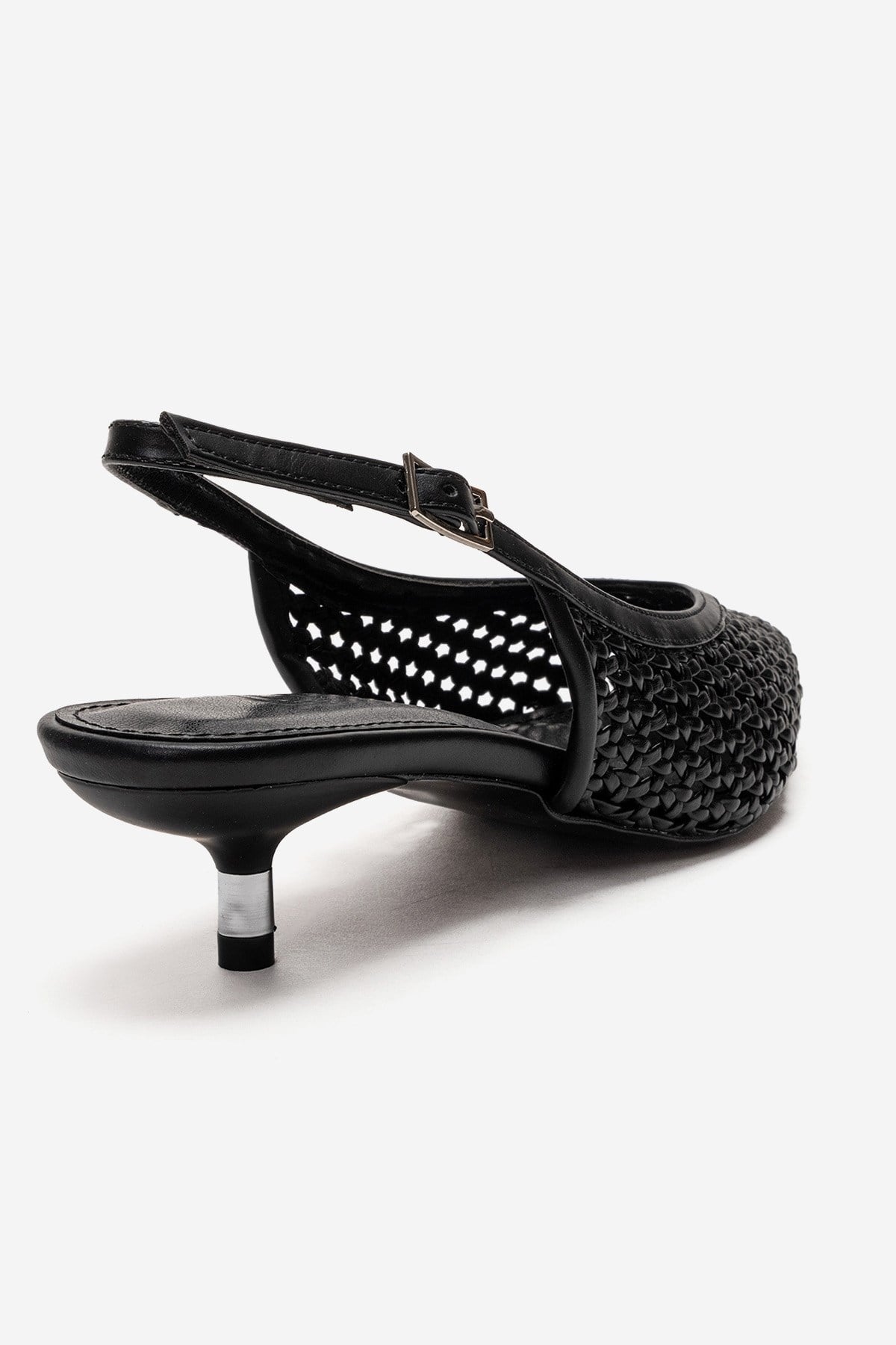 ORELIS - Black Woven Pattern Kitten Heel Shoe – back view showing leather, black, red, Vowalisse