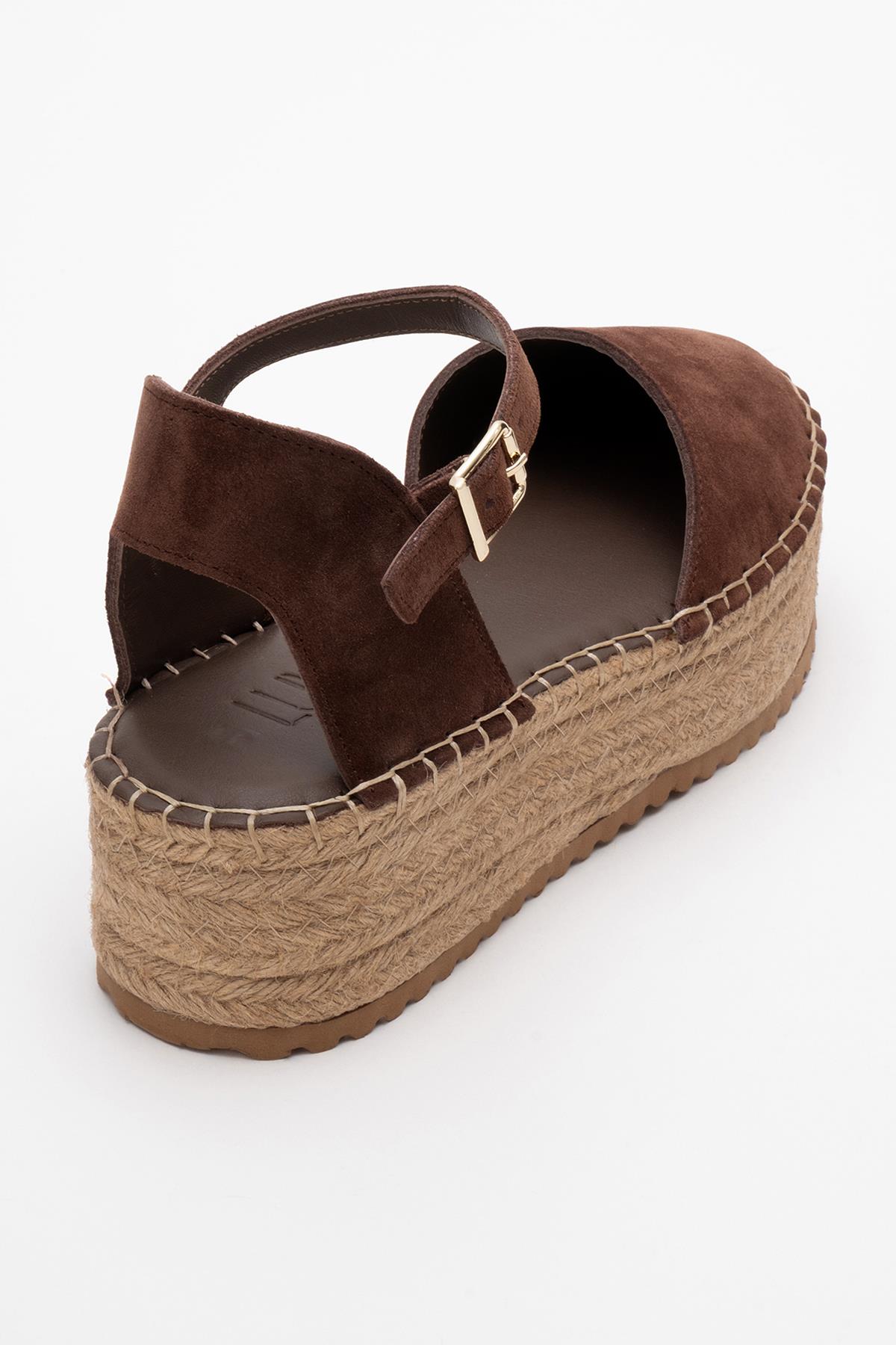 Viba - Brown Suede Leather Espadrilles – heel view showing leather, suede, red, Vowalisse