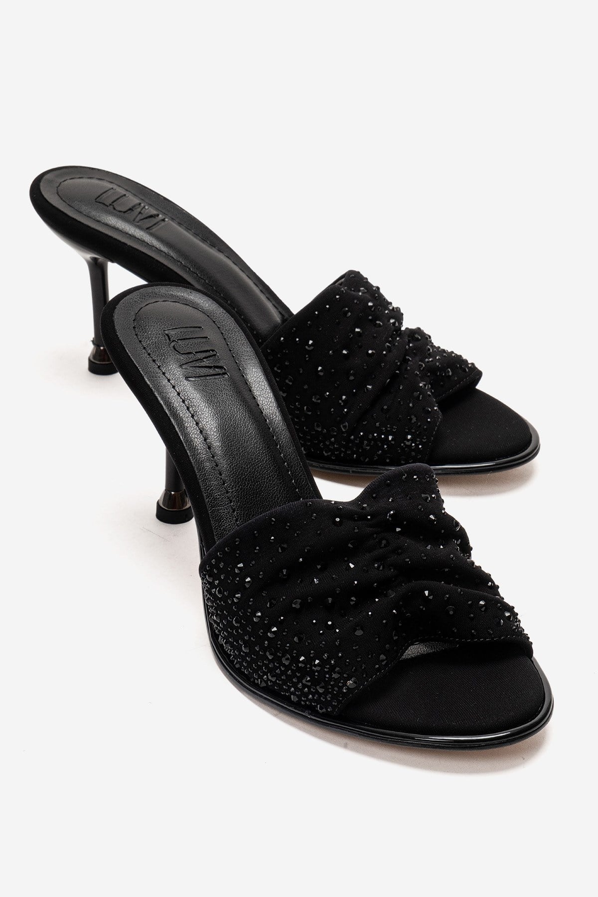 Karina - Black Stiletto Mule – front three-quarter view showing leather, black, Vowalisse
