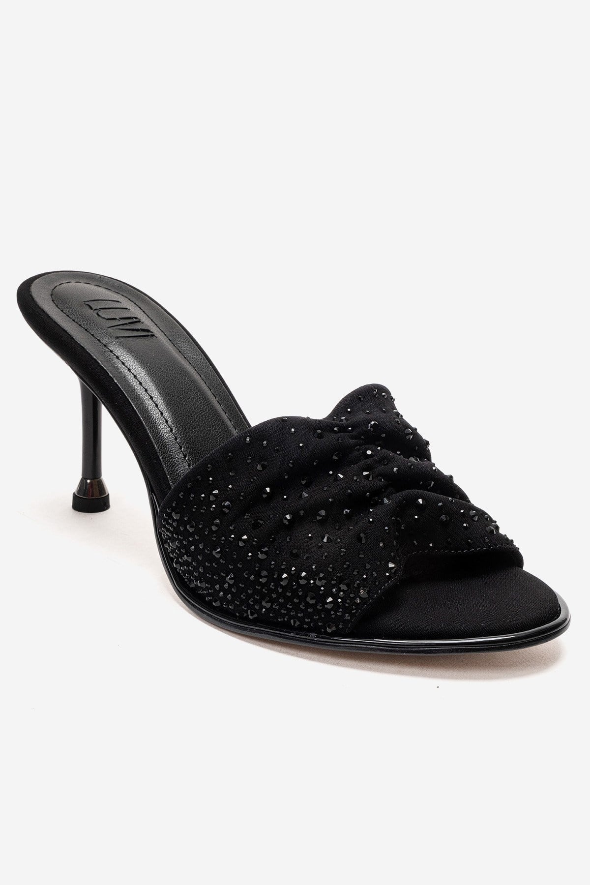 Karina - Black Stiletto Mule – detail view showing leather, black, Vowalisse