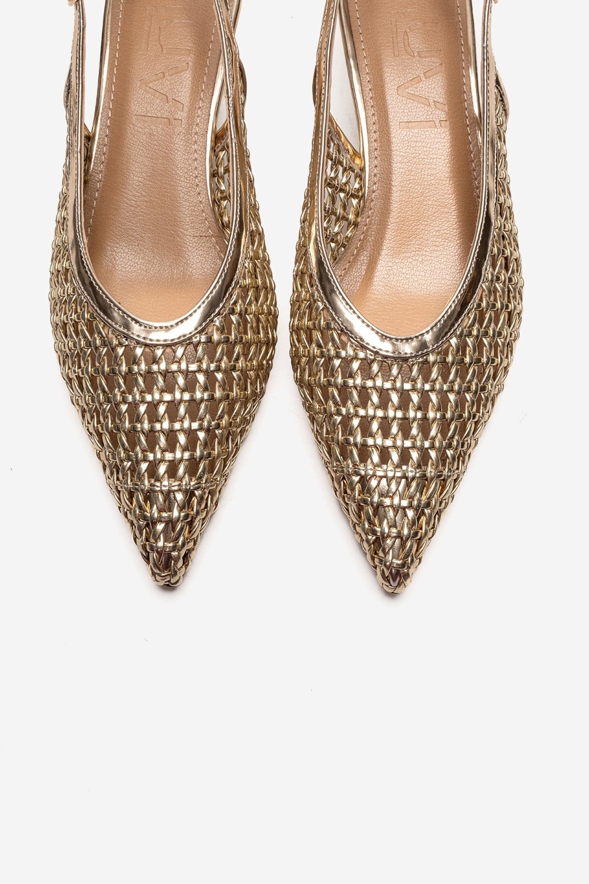 Orelis - Gold Kitten Heel Shoe – side view showing leather, gold, Vowalisse