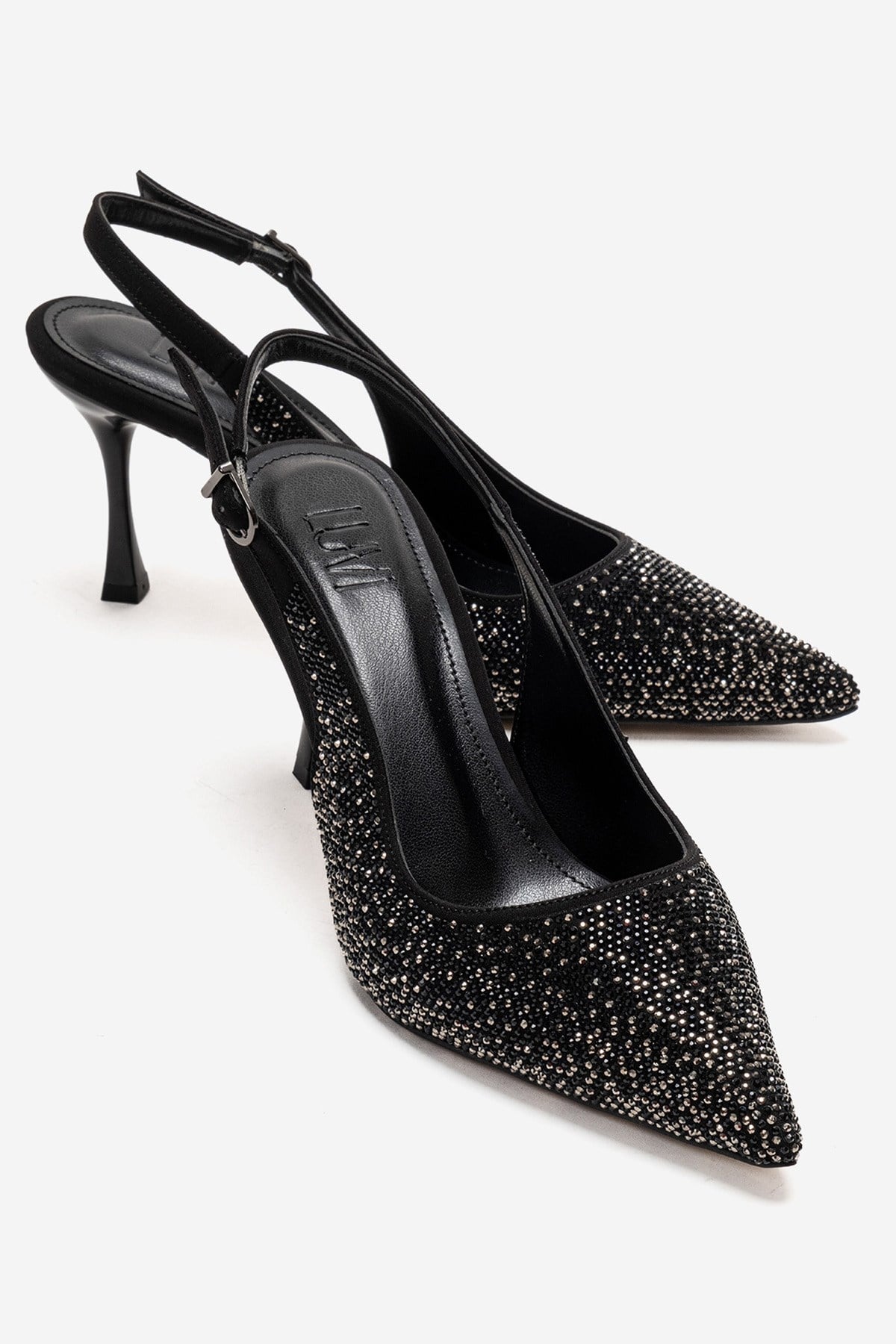 Johanna - Black Stiletto Pump – front three-quarter view showing crystal, leather, black, Vowalisse