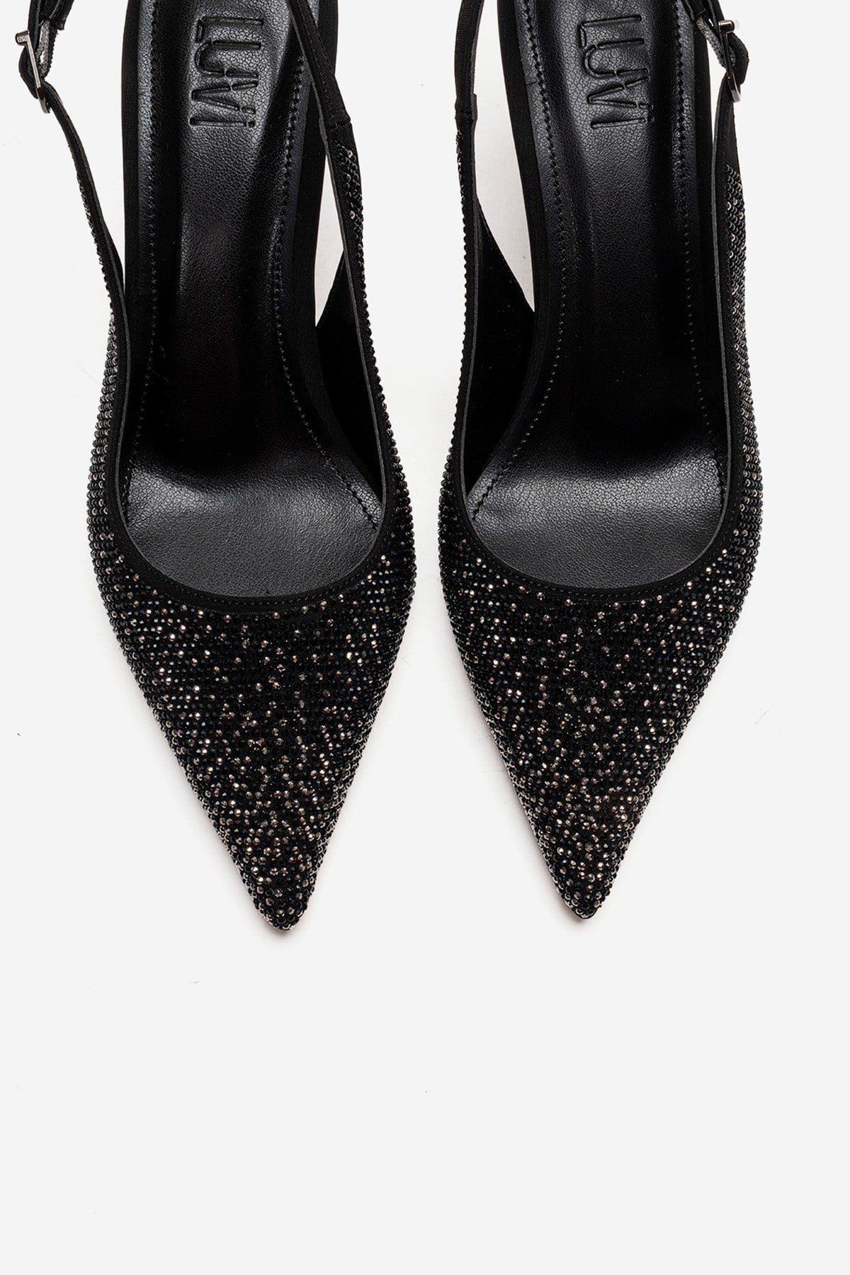 Johanna - Black Stiletto Pump – side view showing crystal, leather, black, Vowalisse