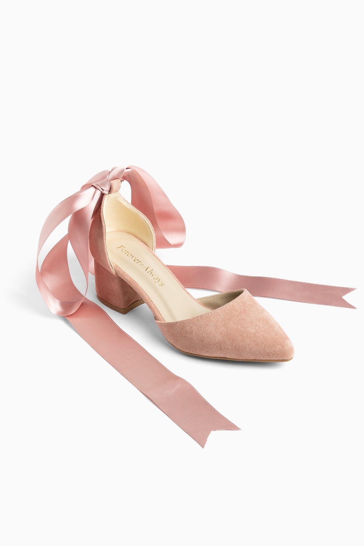 Fiona - Dusty Pink Suede Heels With Ribbon – front three-quarter view showing suede, pink, Vowalisse