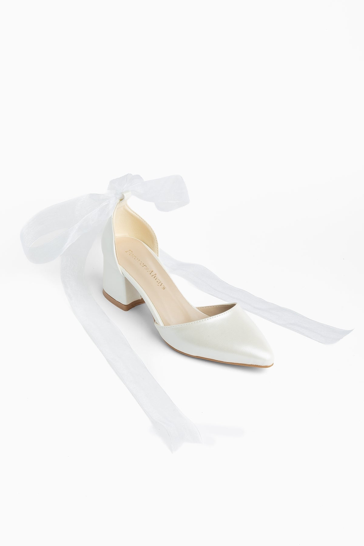 Fiona - Ivory Heels With Tulle Ribbon – front three-quarter view showing ivory, Vowalisse
