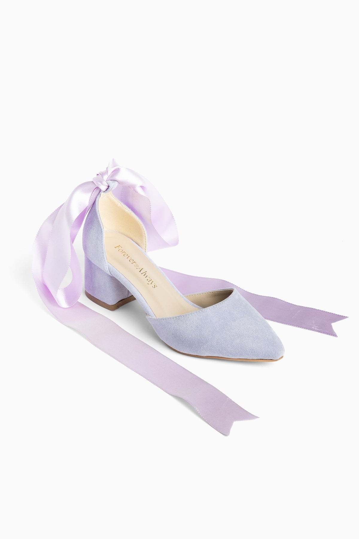 Fiona - Lilac Suede Heels With Tulle Ribbon – front three-quarter view showing suede, Vowalisse