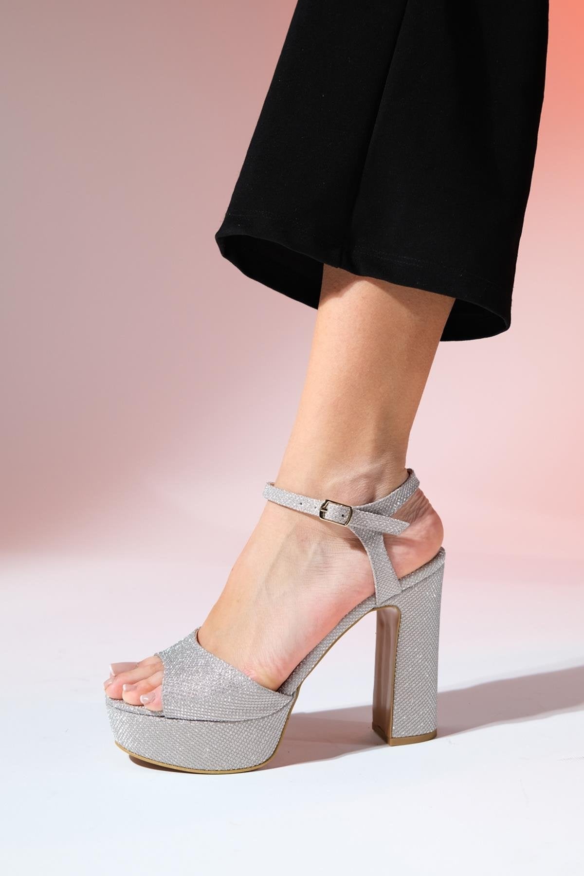 Owego - Rose Glitter Platform Heel Dress Shoe – back view showing leather, glitter, Vowalisse