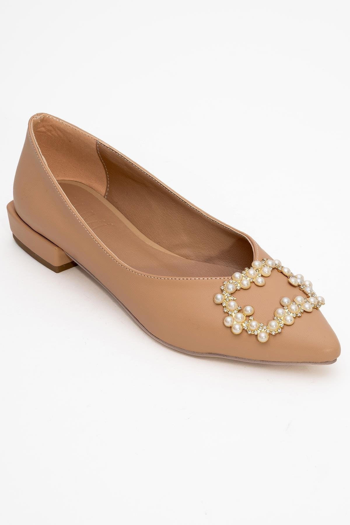 Ghent - Beige Pearl-Embellished Ballet Flat – detail view showing pearl, leather, Vowalisse